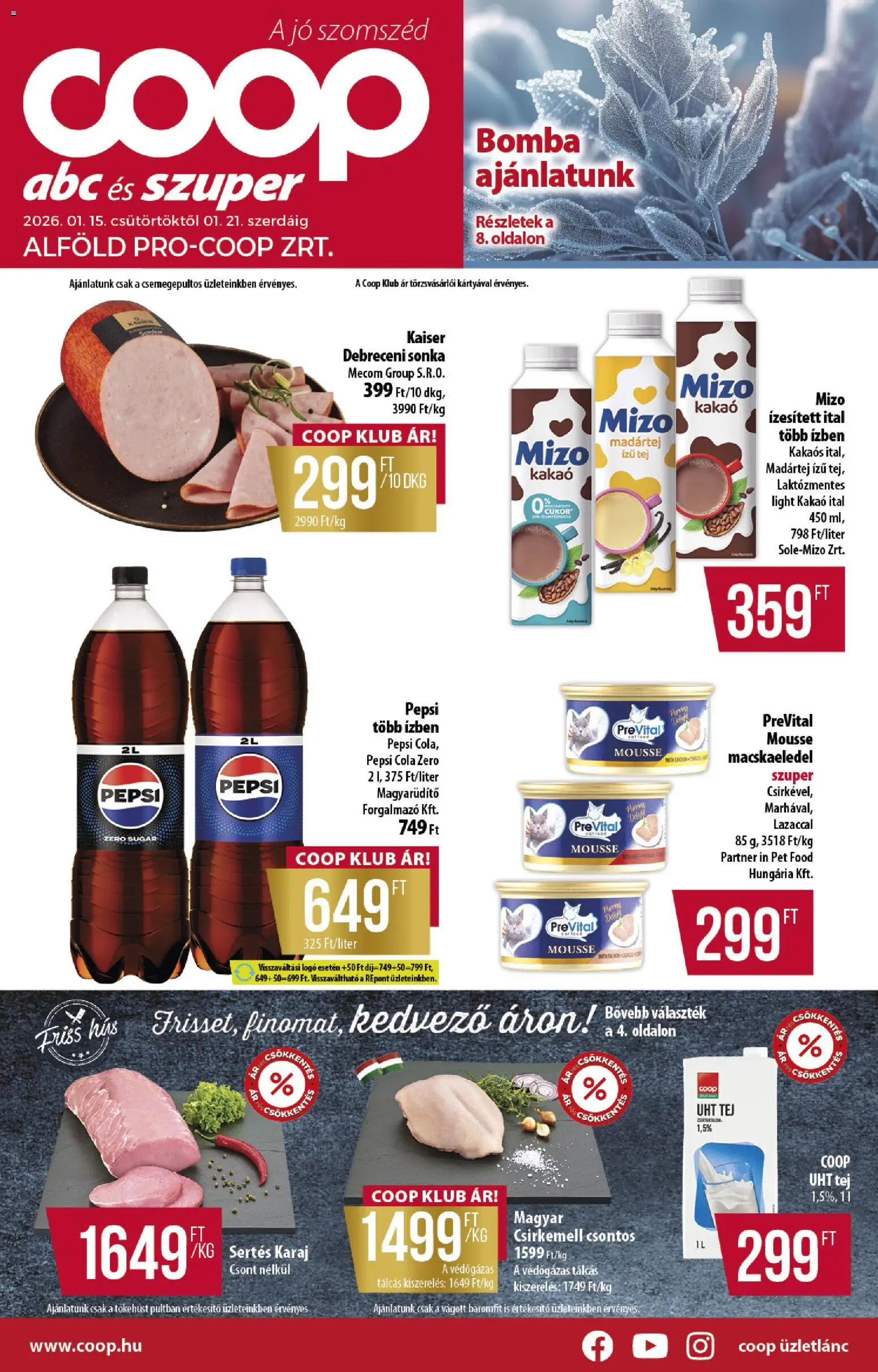 COOP akciós ujság - amely érvényes a következő dátumtól: 15.01.2026 | Oldal: 1 | Termékek: Pepsi, Hús, Karaj, Cukor