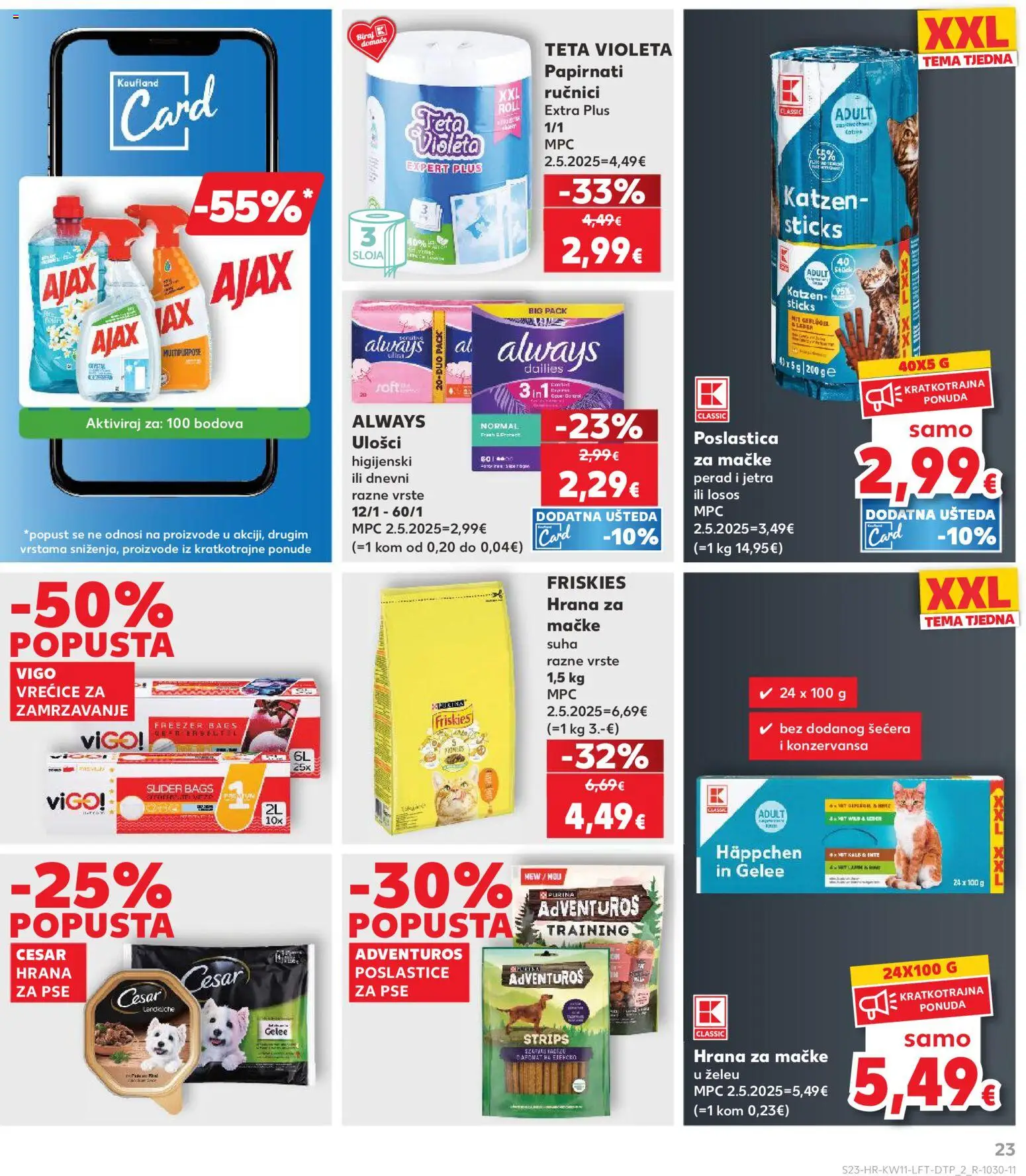 Kaufland katalog | vrijedi od 11.03.2026 | Stranica: 23 | Proizvodi: Papirnati ručnici, Hrana za mačke, Losos, Violeta