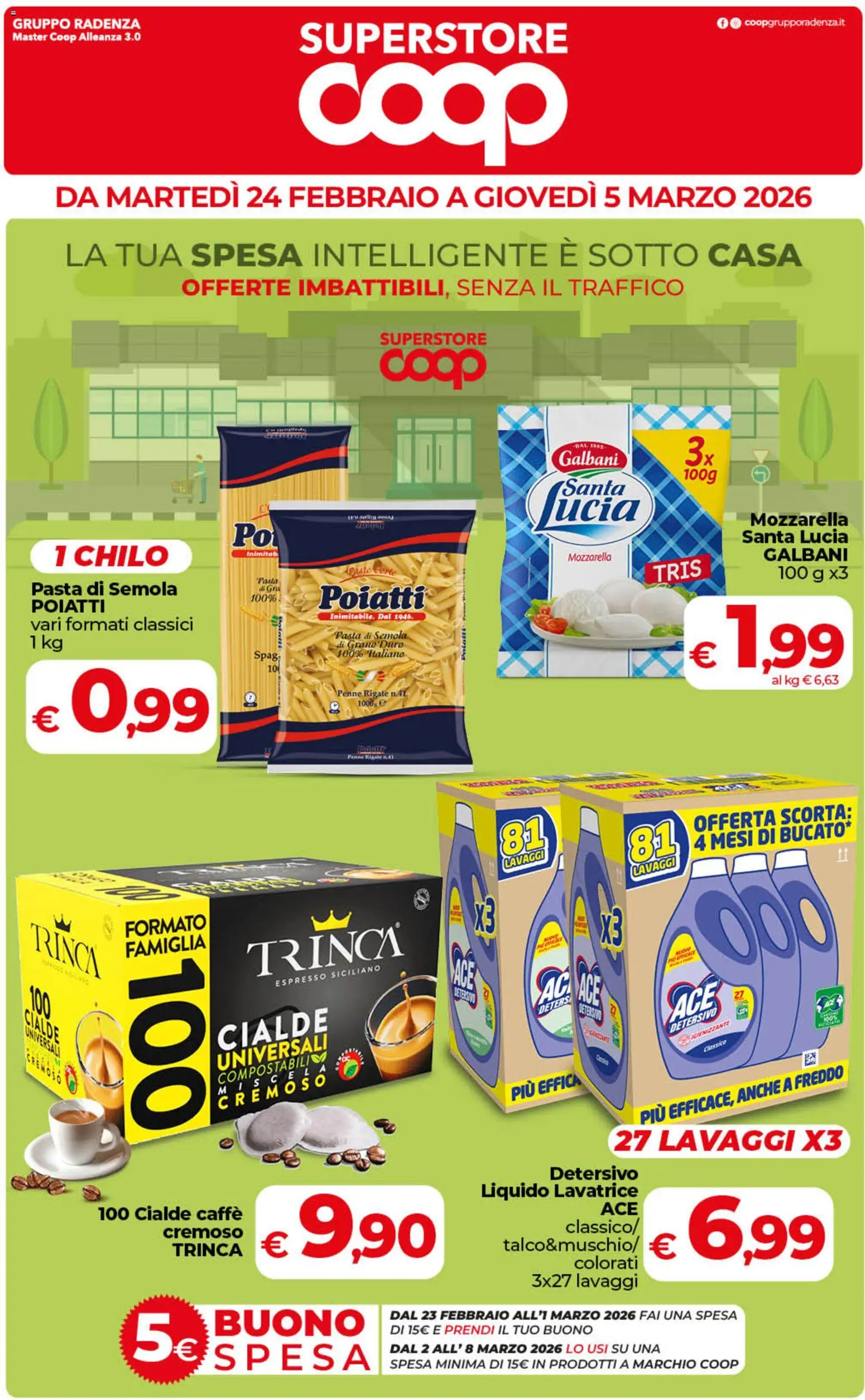 Volantino COOP del 24.02.2026 | Pagina: 1 | Prodotti: Caffè, Mozzarella, Lavatrice, Penne