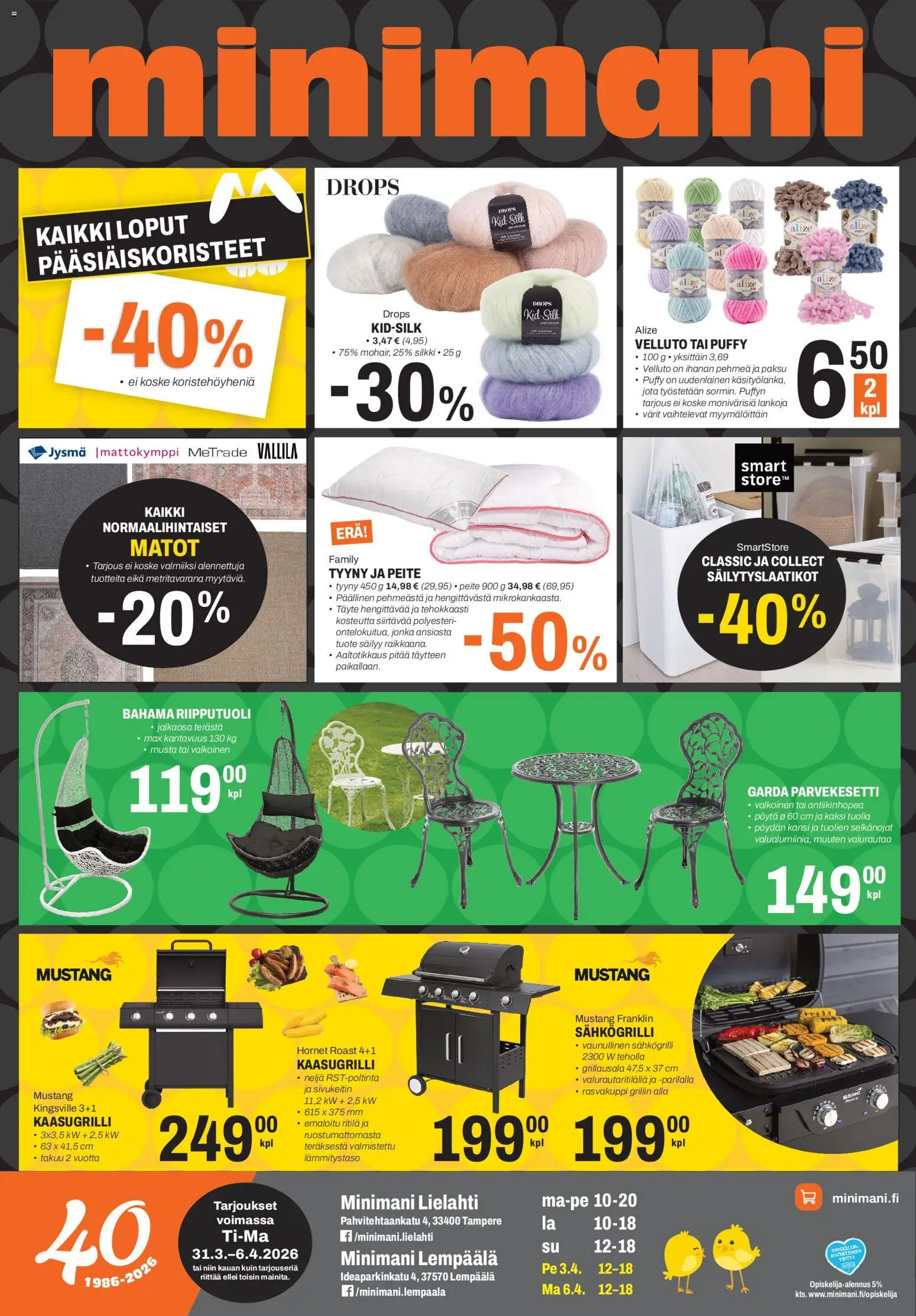 Minimani tarjoukset - Lempäälä/Tampere – voimassa 31.03.2026 alkaen | Sivu: 1 | Tuotteet: Matot, Kaasugrilli, Kansi, Pöytä