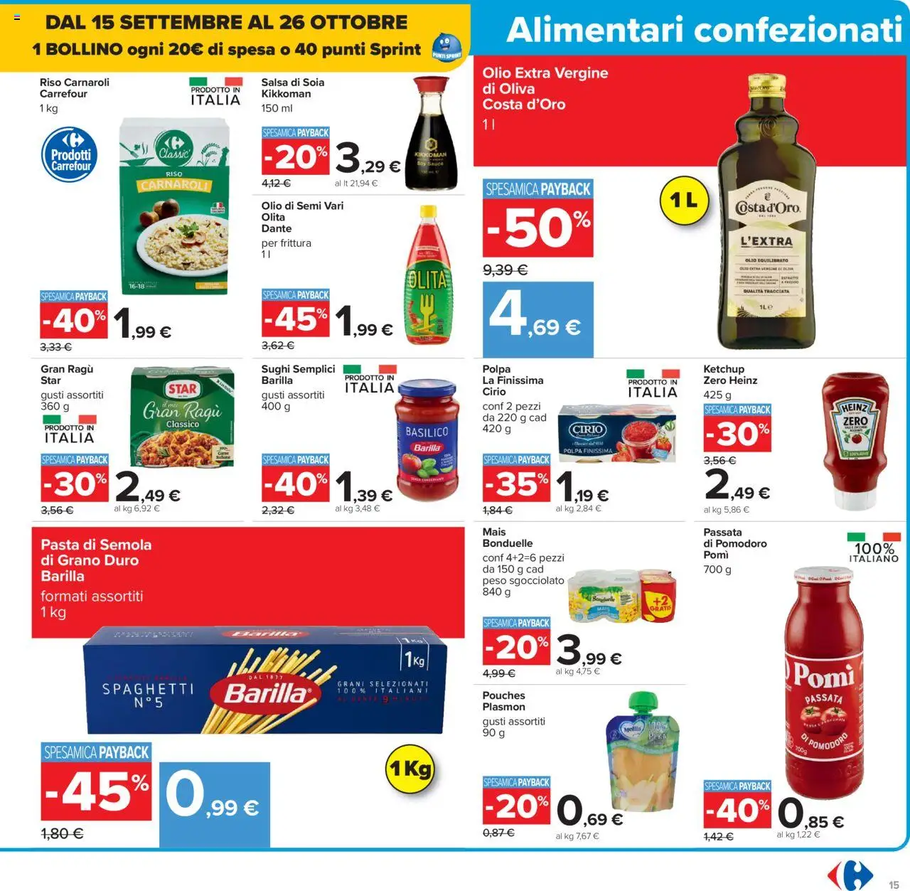 Volantino Carrefour del 15.09.2025 | Pagina: 15 | Prodotti: Riso Carnaroli, Riso, Basilico, Olio extra vergine