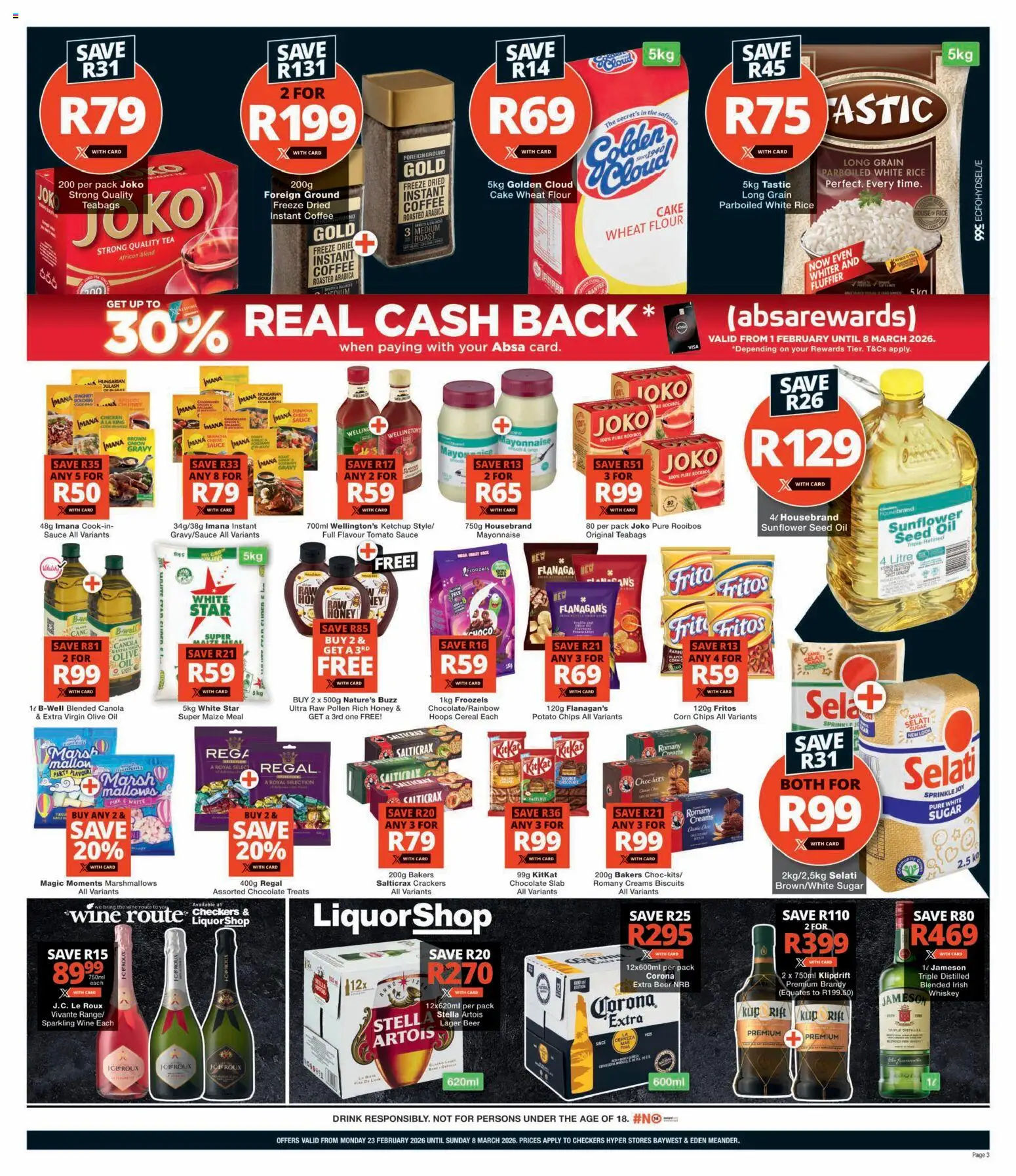 New Checkers catalogue – valid from 23.02.2026 | Page: 3 | Products: Cake, Rice, Chips, Mayonnaise