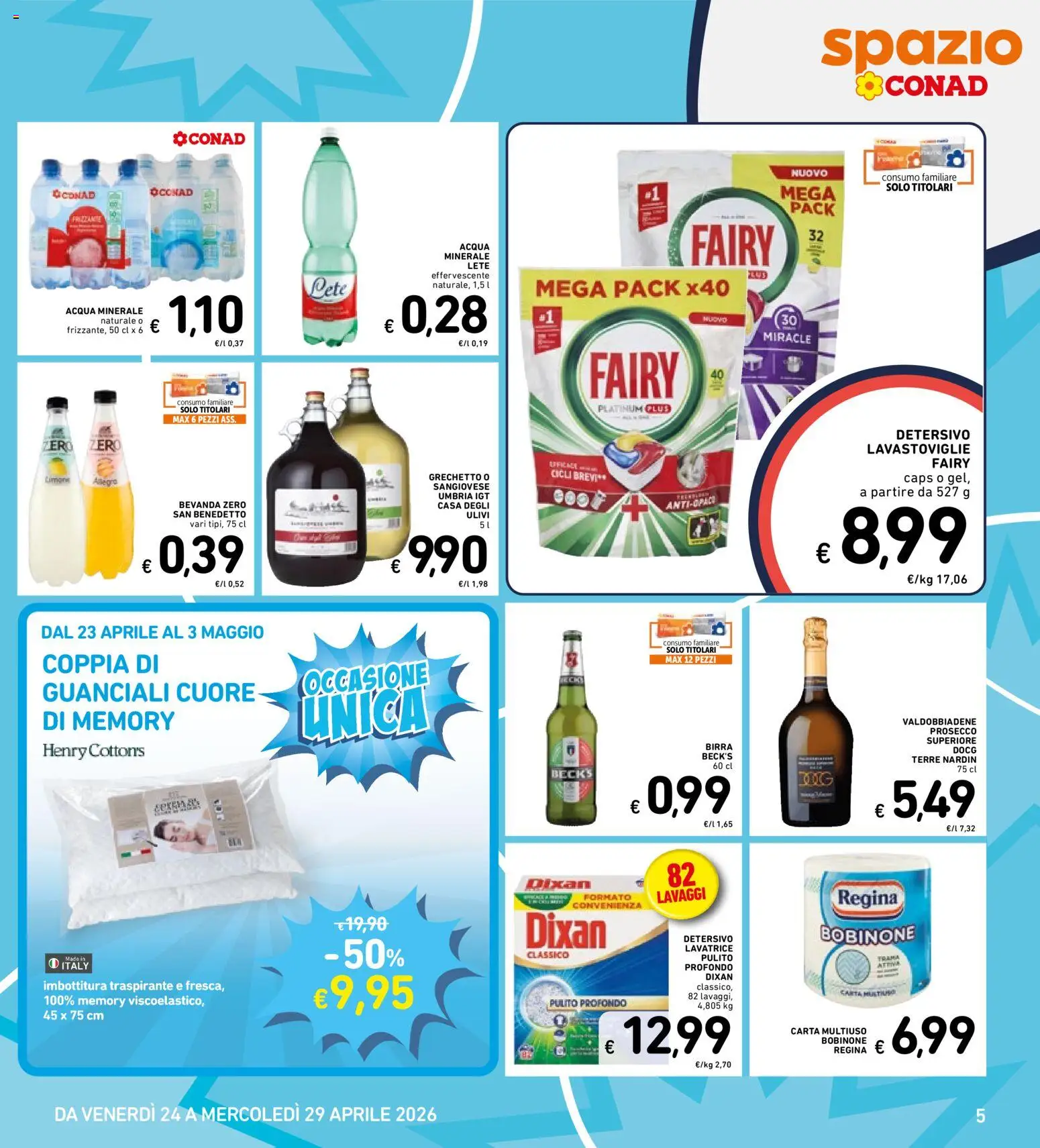 Volantino Spazio Conad del 24.04.2026 | Pagina: 5 | Prodotti: Birra, Prosecco, Lavastoviglie, Acqua minerale