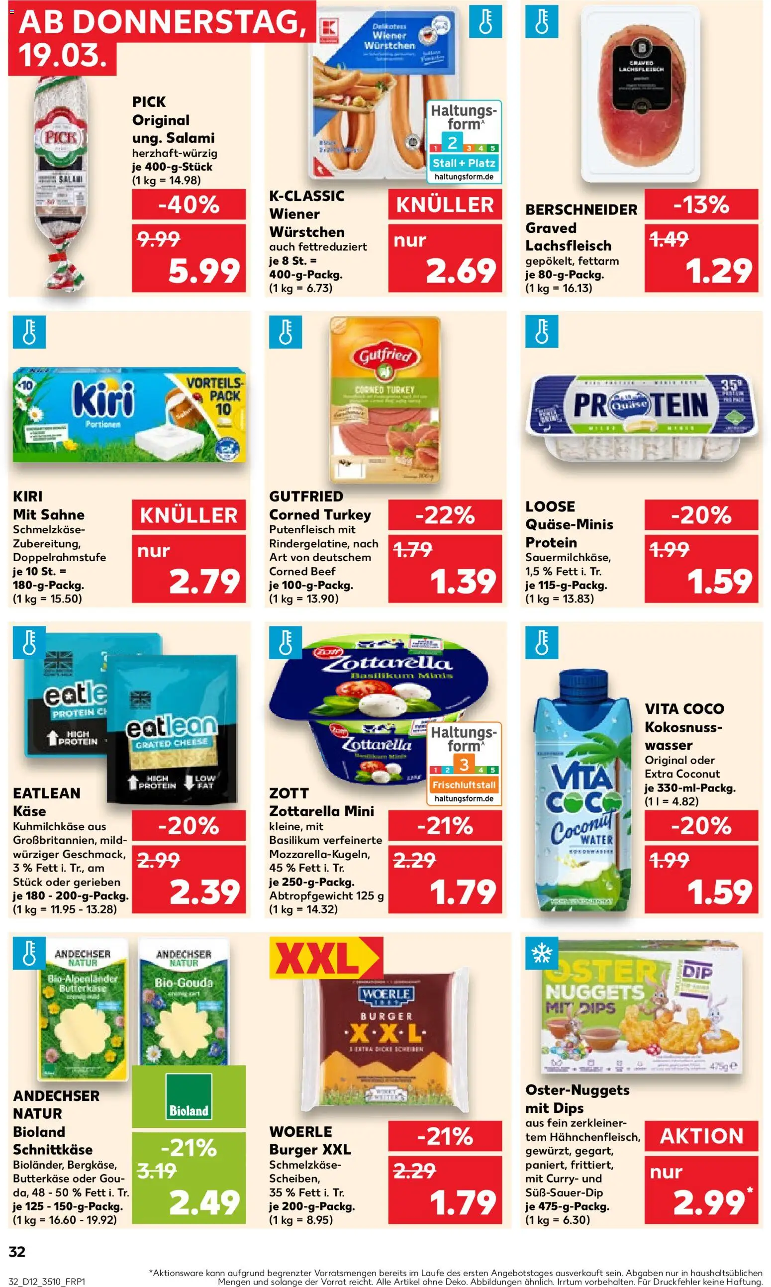 Kaufland Prospekt Zeitz	 – gültig ab 19.03.2026 | Seite: 32 | Produkte: Wiener wurstchen, Wasser, Salami, Sahne