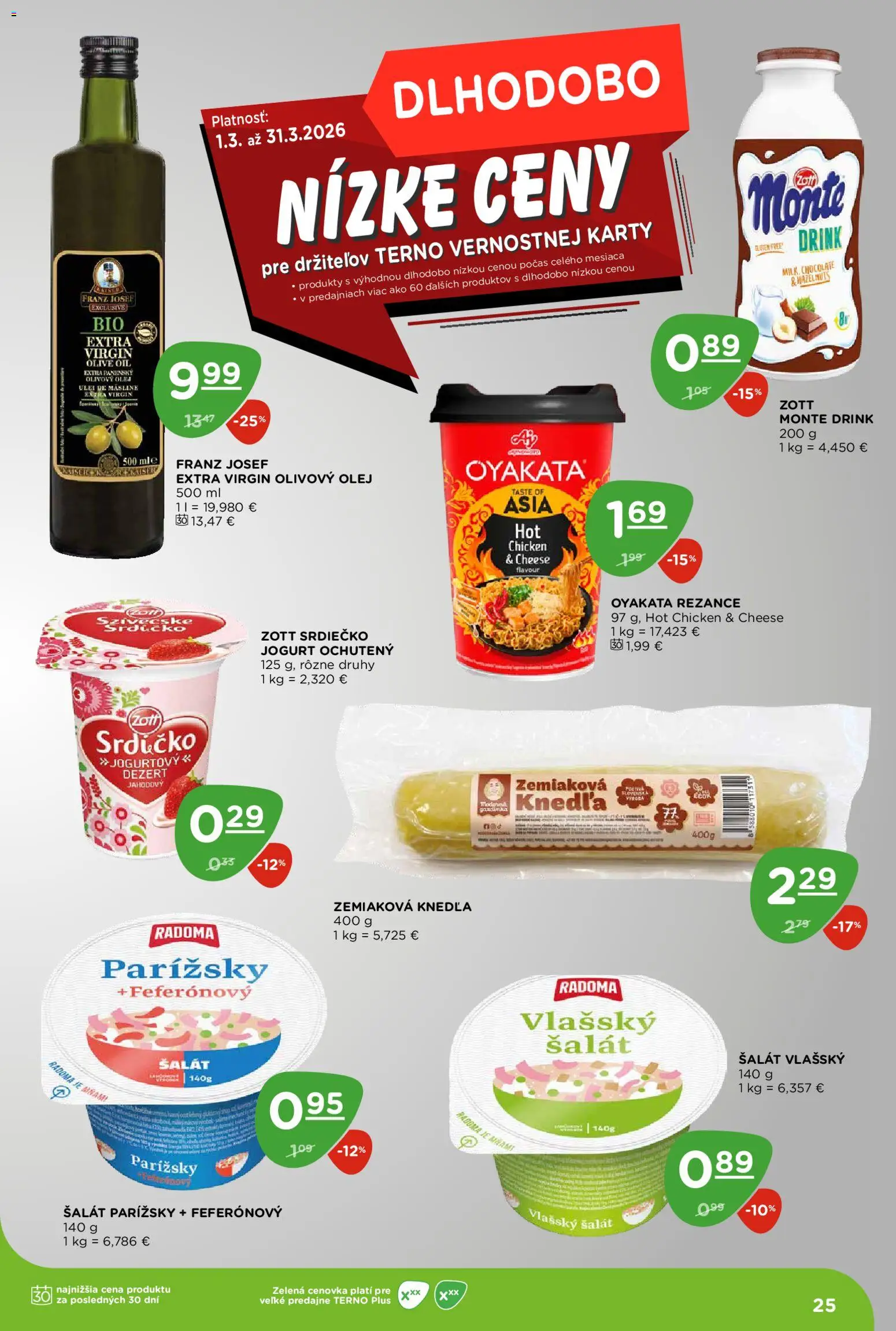 Nové Terno akcie – leták je platný od 26.03.2026 | Strana: 25 | Produkty: Jogurt, Olivový olej, Rezance, Šalát