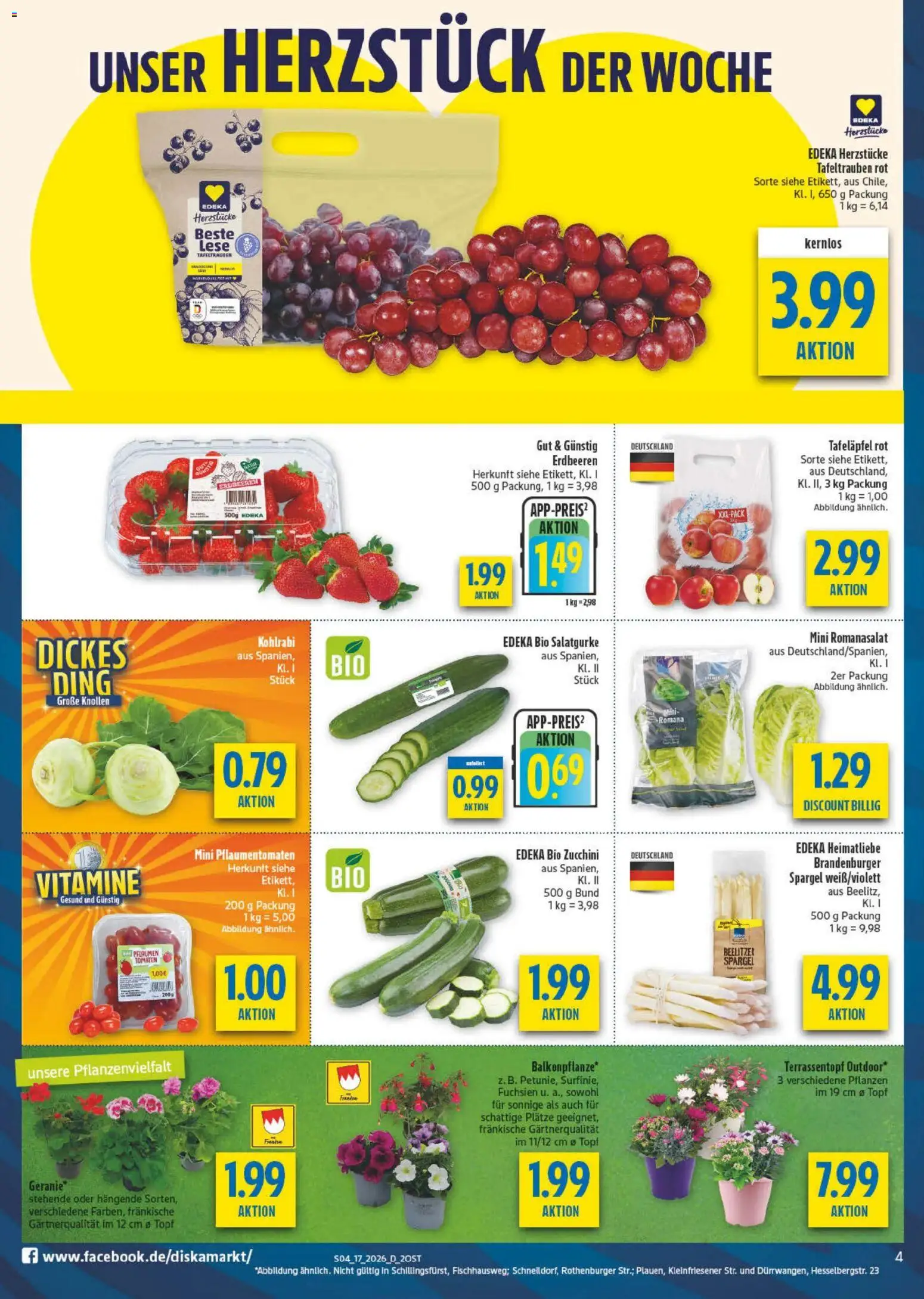 Diska Prospekt 	 – gültig ab 20.04.2026 | Seite: 4 | Produkte: Pflaumen, Tomaten, Spargel, Erdbeeren