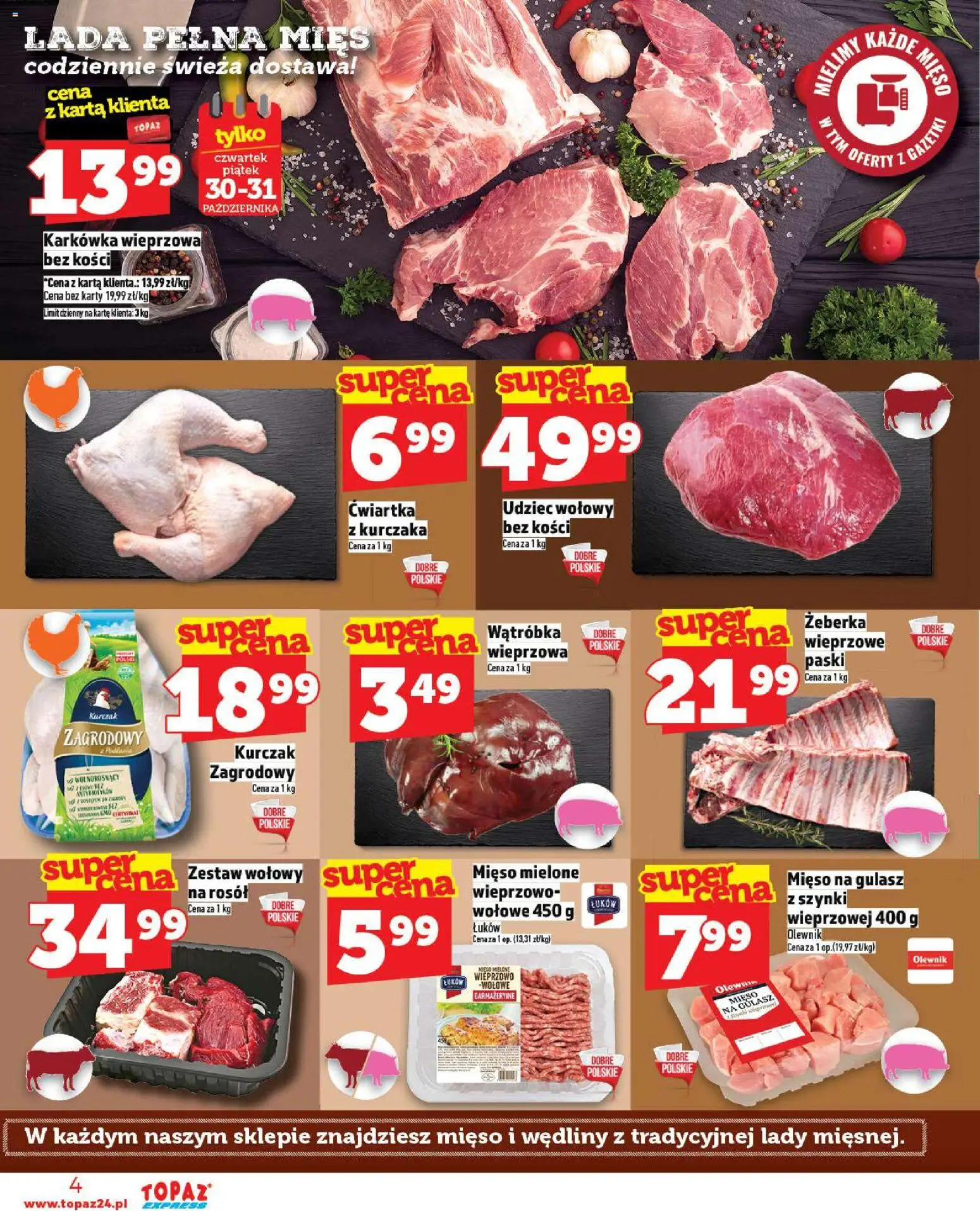 Topaz Gazetka - Express od 30.10.2025 | Strona: 4 | Produkty: Karkówka, Karkówka wieprzowa, Mięso, Mięso mielone