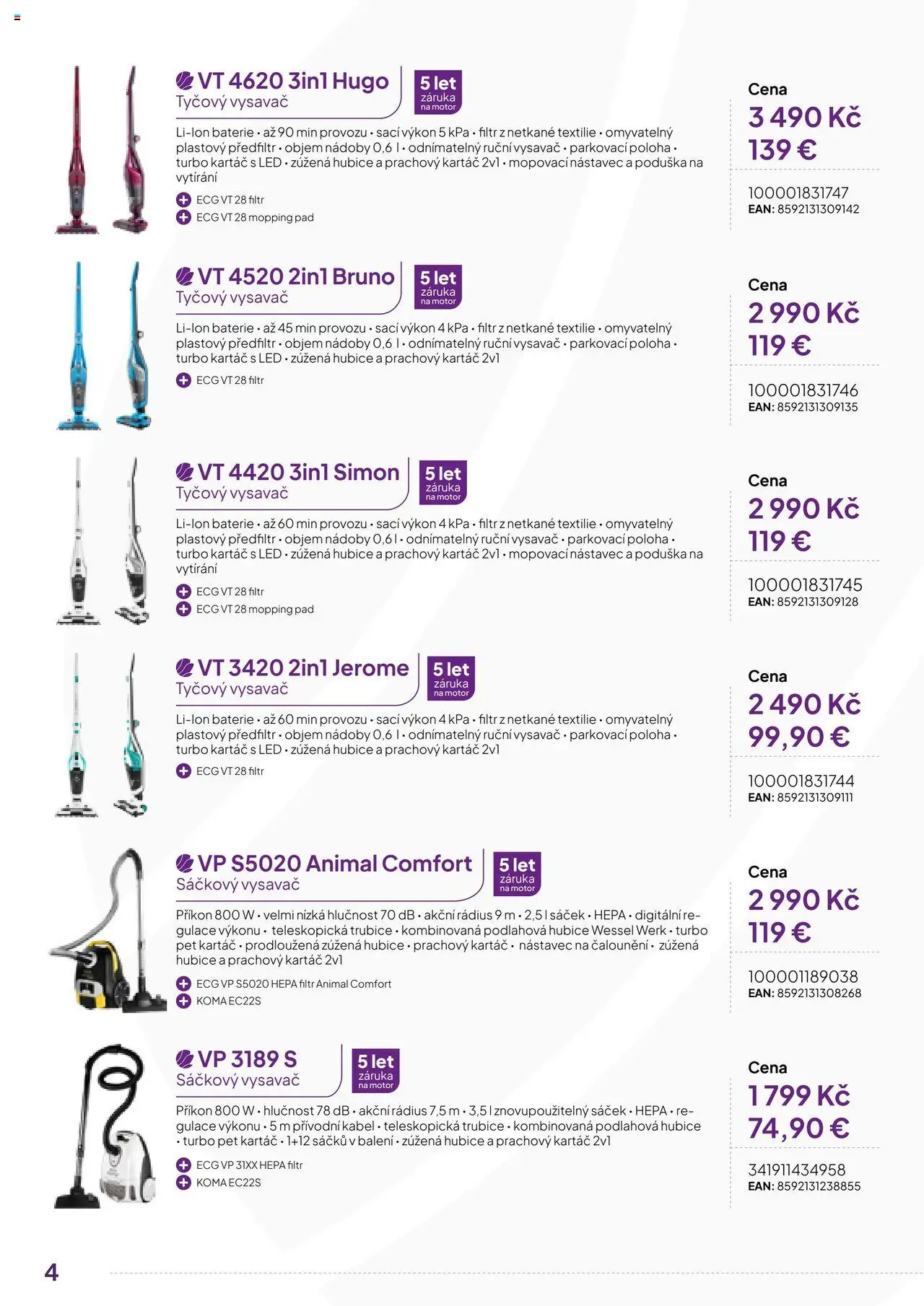Expert elektro katalog - ECG - Malé domácí spotřebiče od 01.10.2024 | Strana: 4 | Produkty: Ruční vysavač, Kabel, Baterie, Kartáč