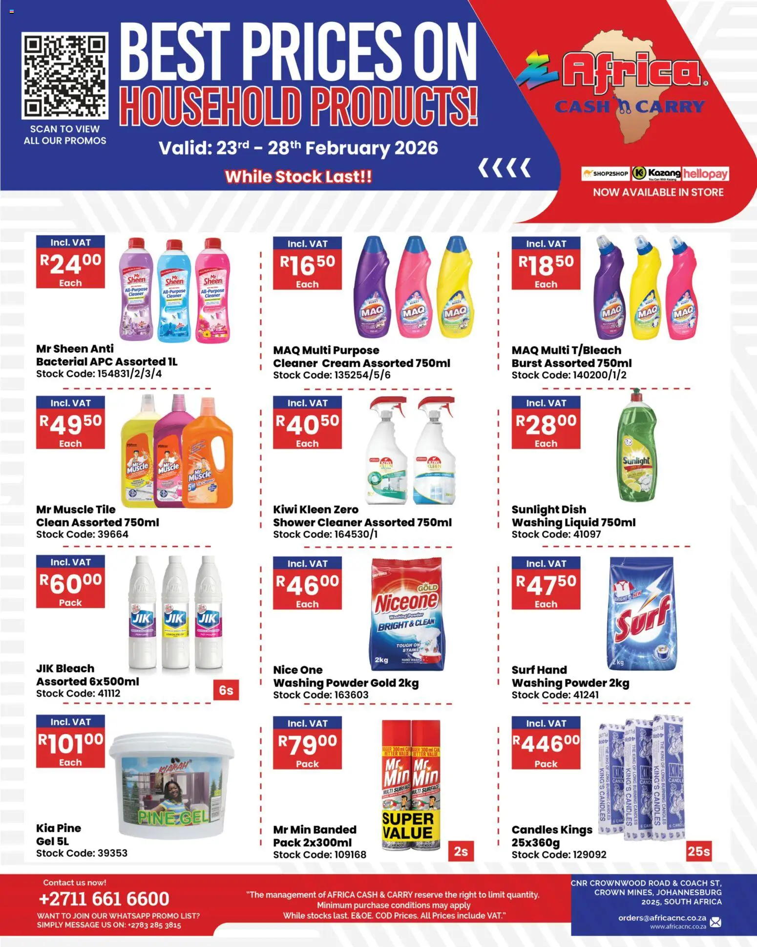New Africa Cash & Carry catalogue – valid from 23.02.2026 | Page: 1 | Products: Bleach, Multi purpose cleaner, Powder, Stock