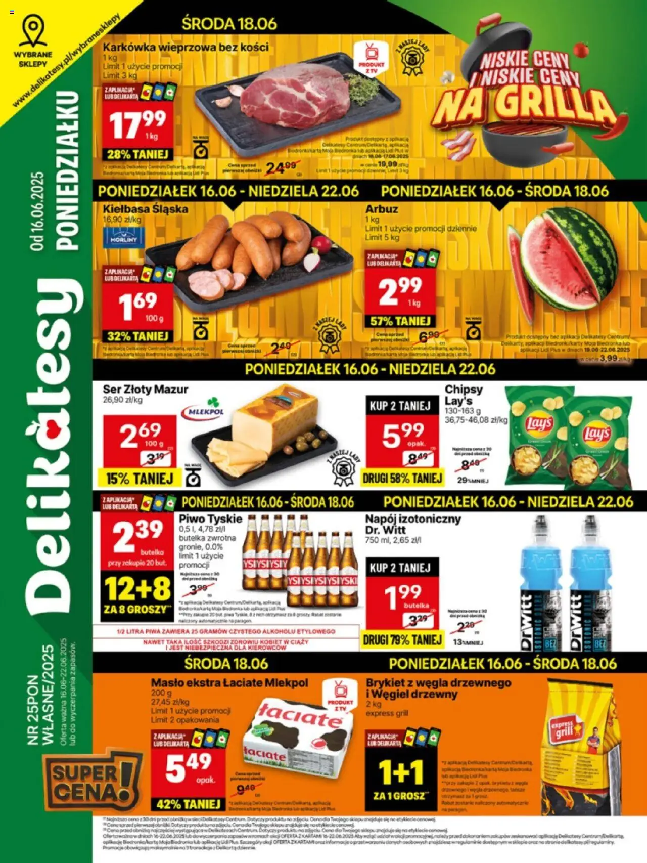 Delikatesy Centrum Gazetka - Sklepy Własne od 16.06.2025 | Strona: 1 | Produkty: Arbuz, Chipsy, Kiełbasa śląska morliny, Piwo