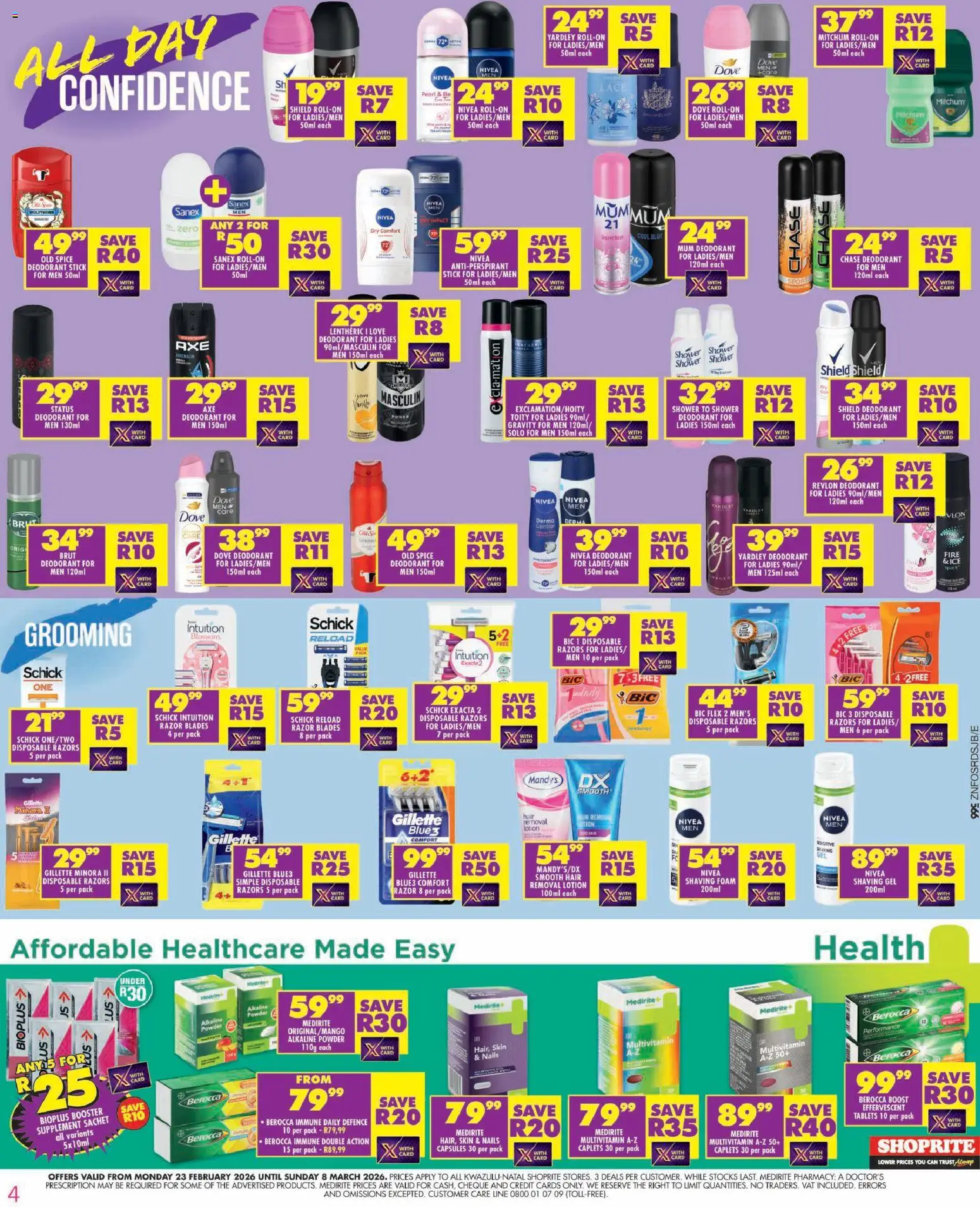 New Shoprite catalogue – valid from 23.02.2026 | Page: 4 | Products: Shaving foam, Antiperspirant, Foam, Lotion