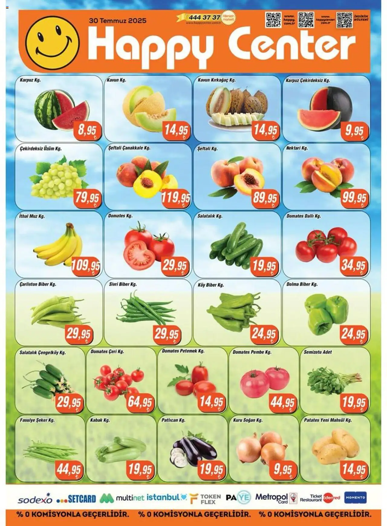Happy Center Manav - 30.07.2025 tarihinden itibaren geçerlidir | Sayfa: 1 | Ürünler: Muz, Patates, Şeftali, Karpuz