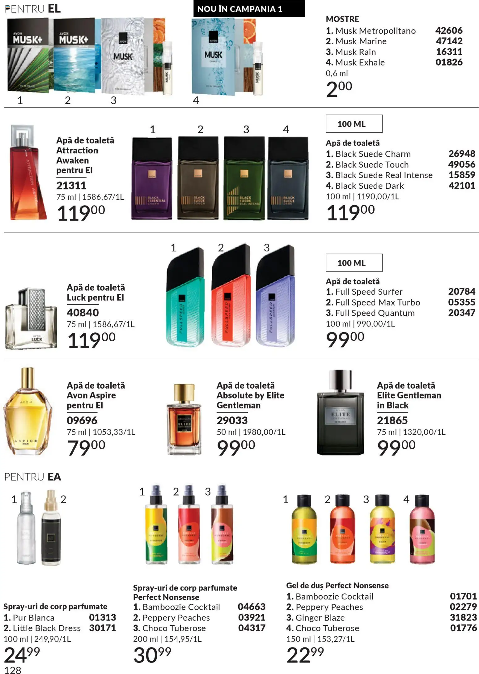 Noul catalog Avon – valabil de la 01.12.2025 | Pagină: 128 | Produse: Body, Duș, Apă de toaletă, Gel de duș