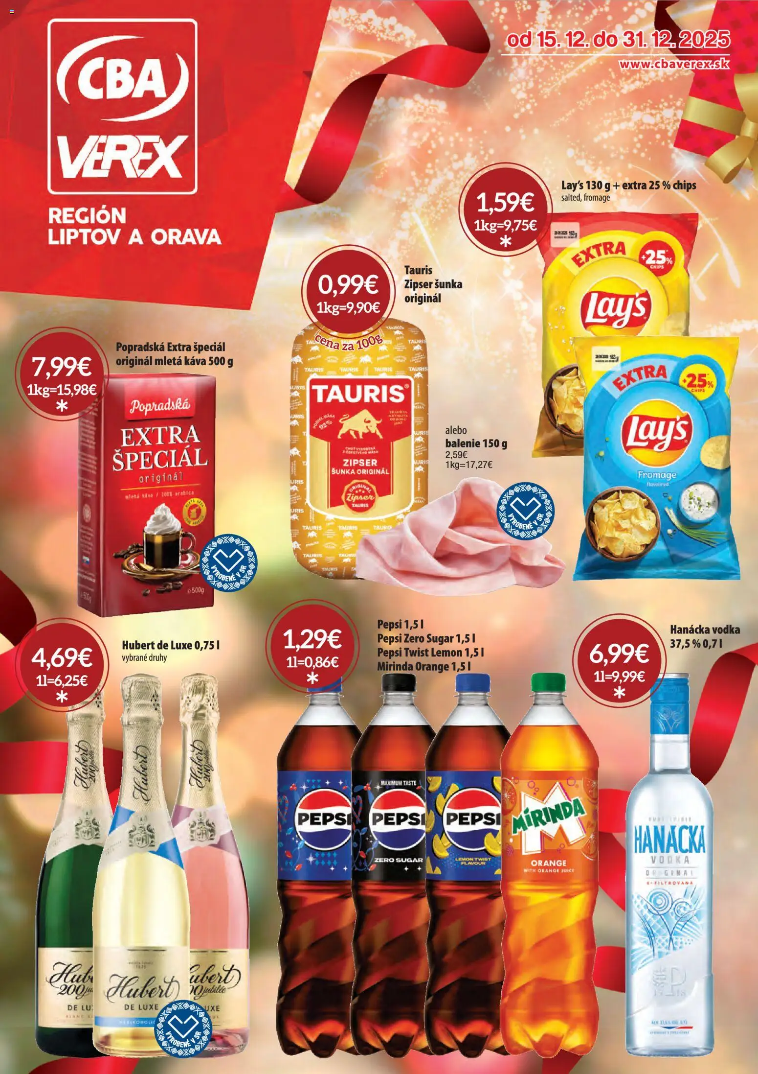 Nové CBA Verex akcie – leták je platný od 15.12.2025 | Strana: 1 | Produkty: Šunka, Vodka, Pepsi, Mirinda