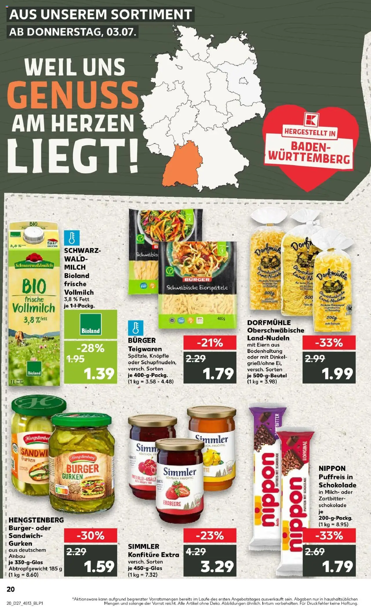 Kaufland prospekt Künzelsau	 - gültig ab dem 03.07.2025 | Seite: 20 | Produkte: Milch, Schokolade, Pasta, Gurken
