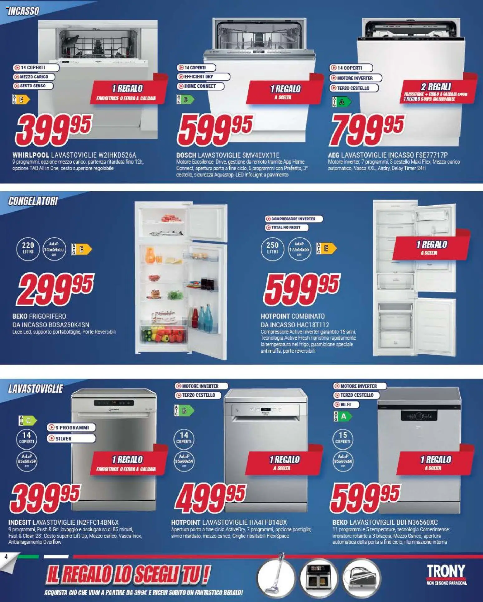 Volantino Trony del 09.04.2026 | Pagina: 4 | Prodotti: Compressore, Lavastoviglie, Scopa, Friggitrice