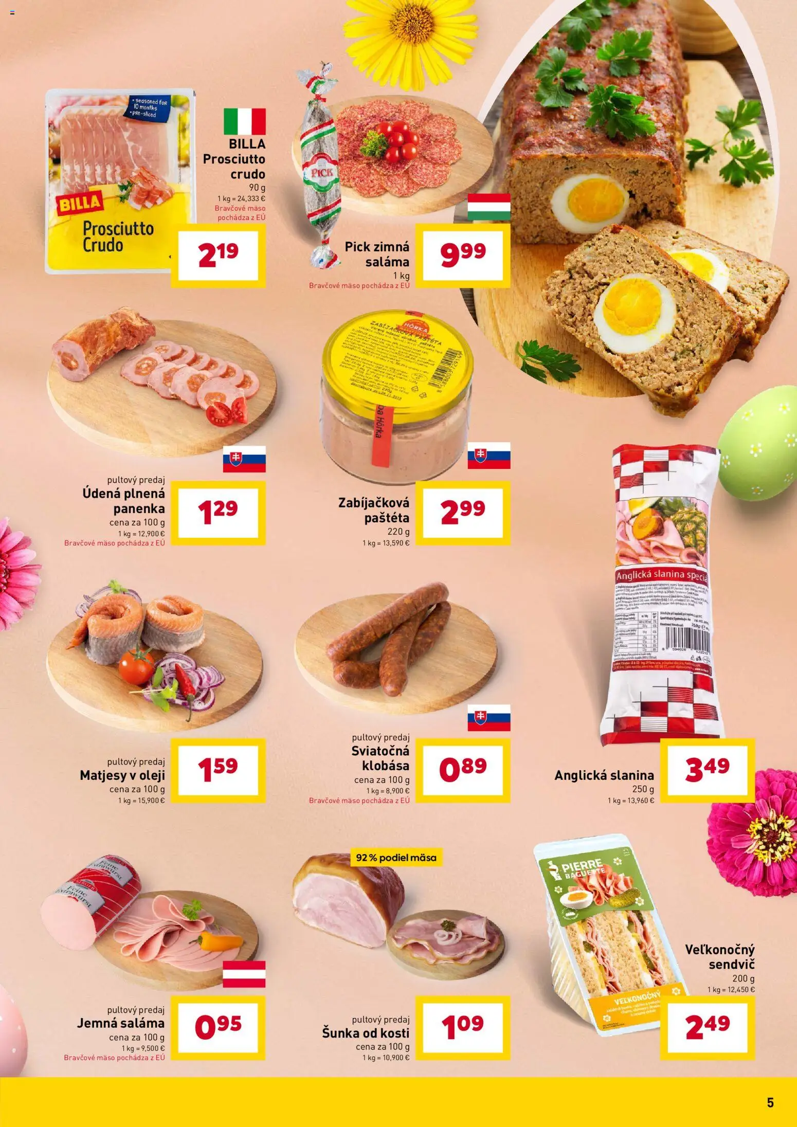Nové Billa akcie – leták je platný od 11.03.2026 | Strana: 5 | Produkty: Saláma, Slanina, Klobása, Bravčové mäso