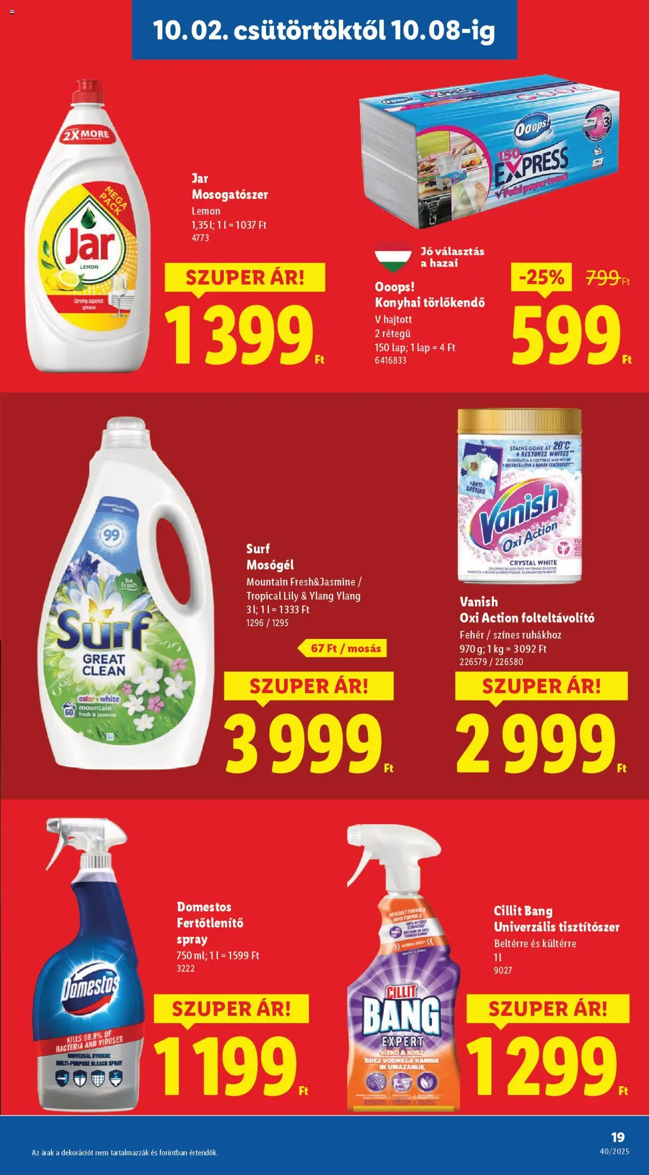 Lidl akciós ujság - amely érvényes a következő dátumtól: 02.10.2025 | Oldal: 19 | Termékek: Törlőkendő, Mosógél, Folteltávolító, Mosogatószer