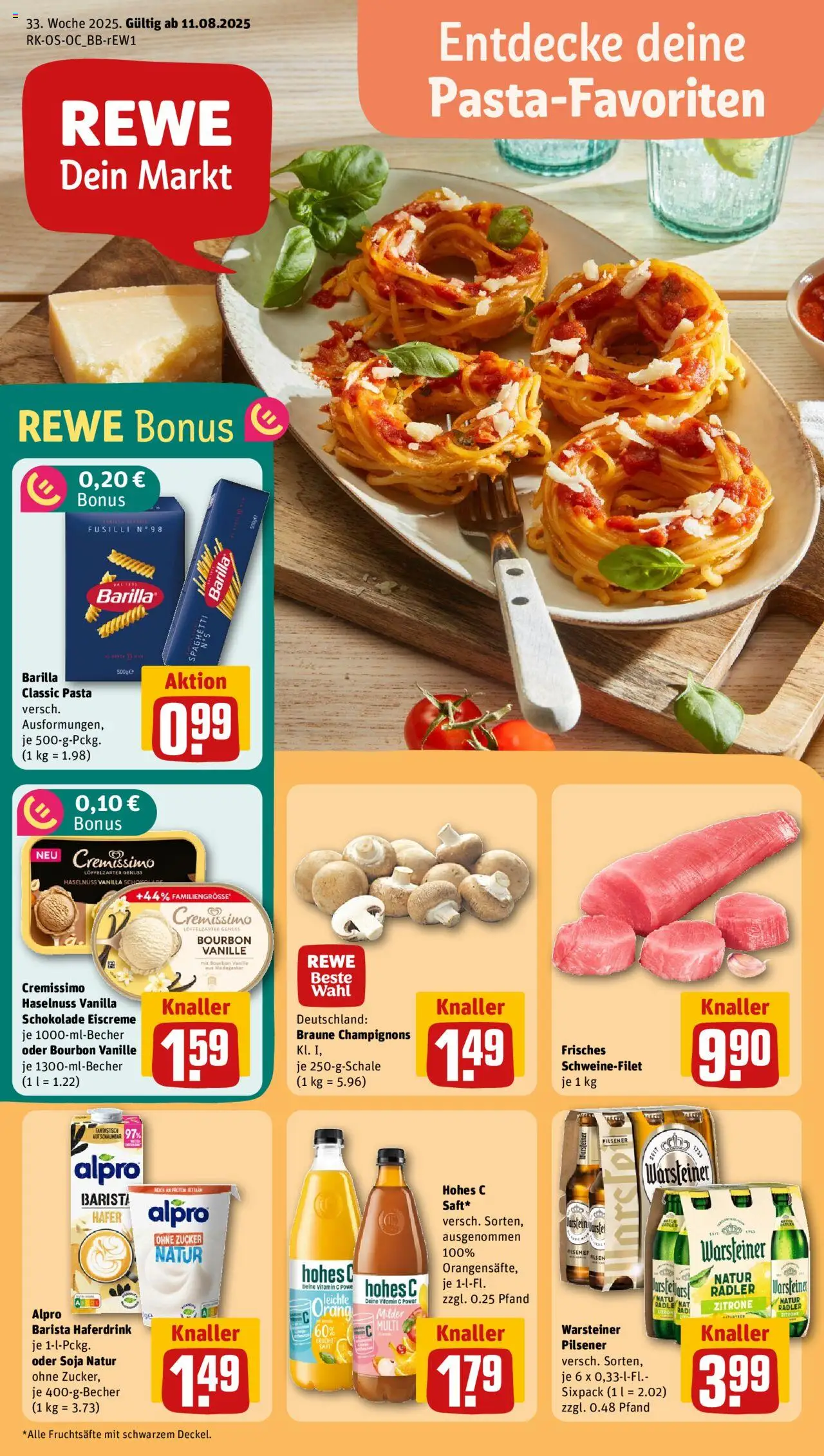 Rewe Prospekt 	 - gültig ab dem 11.08.2025 | Seite: 1 | Produkte: Barilla, Haferdrink, Saft, Bourbon