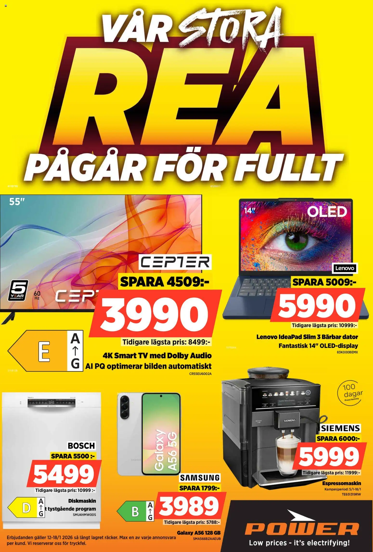 Power reklamblad aktuell från 12.01.2026 | Sida: 1 | Produkter: Diskmaskin, Smart tv, Dator, Tv