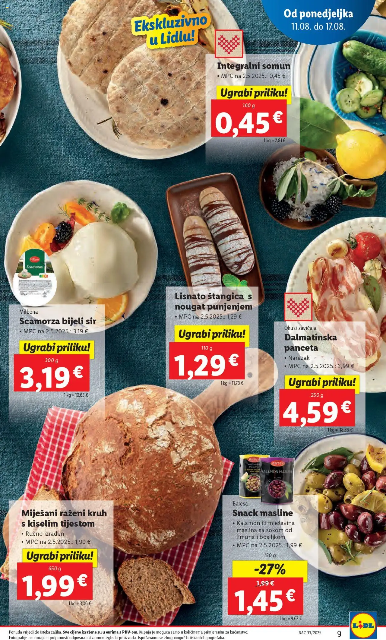 Lidl katalog | vrijedi od 11.08.2025 | Stranica: 9 | Proizvodi: Somun, Sir, Masline, Narezak