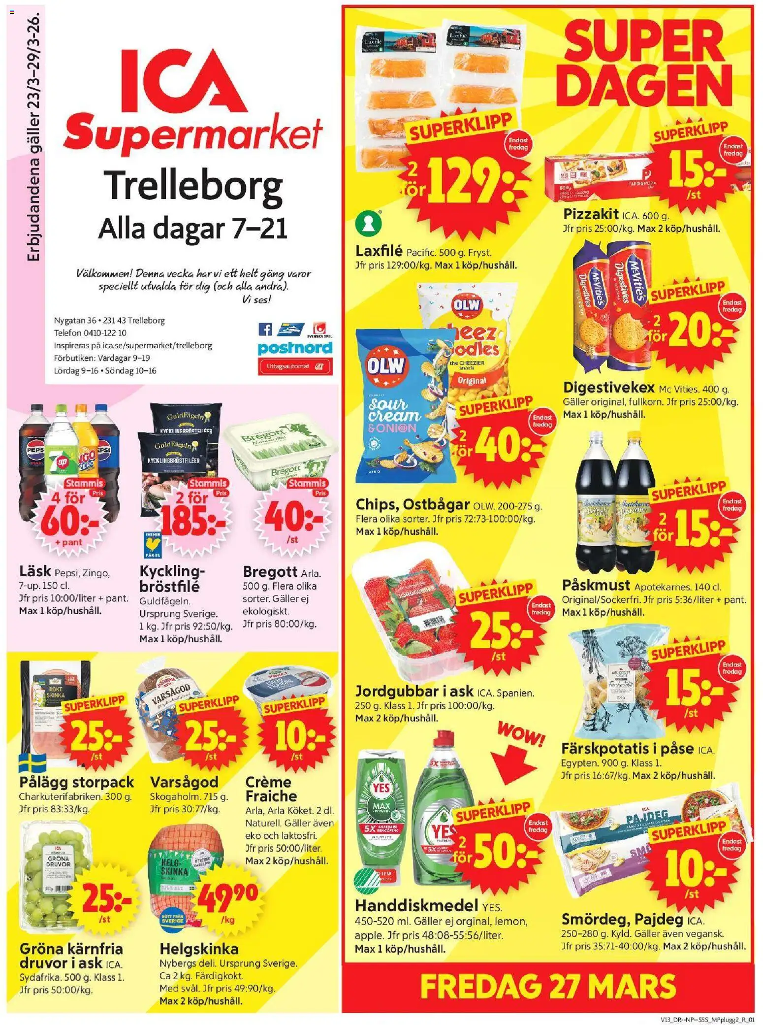 ICA Supermarket reklamblad aktuell från 23.03.2026 | Sida: 1 | Produkter: Ostbågar, Färskpotatis, Bregott, Spel