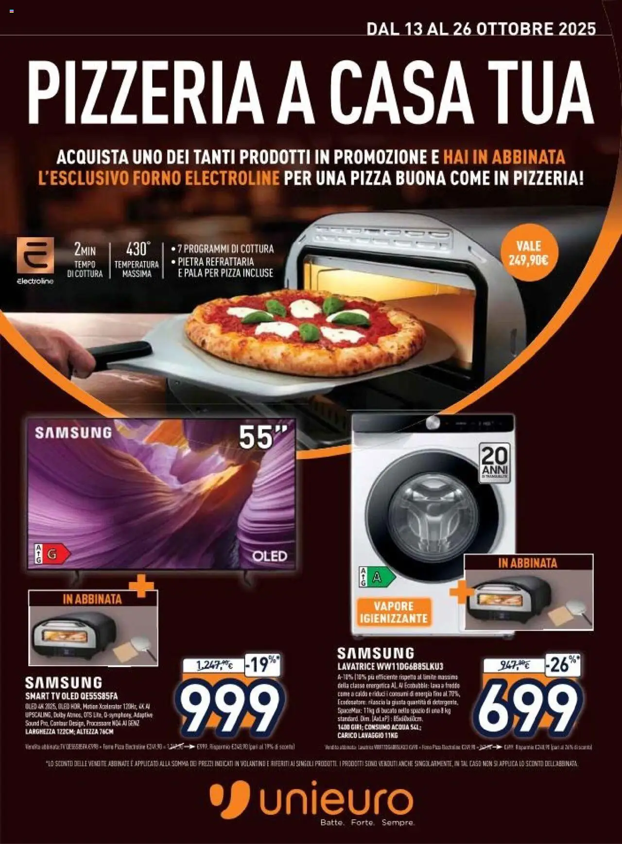 Volantino Unieuro del 13.10.2025 | Pagina: 1 | Prodotti: Pizza, smart TV, Lavatrice, Forno