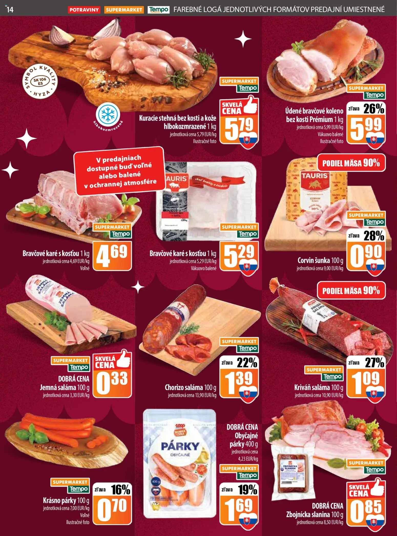 Nové COOP Jednota akcie – leták je platný od 22.12.2025 | Strana: 14 | Produkty: Slanina, Bravčové koleno, Párky, Bravčové karé