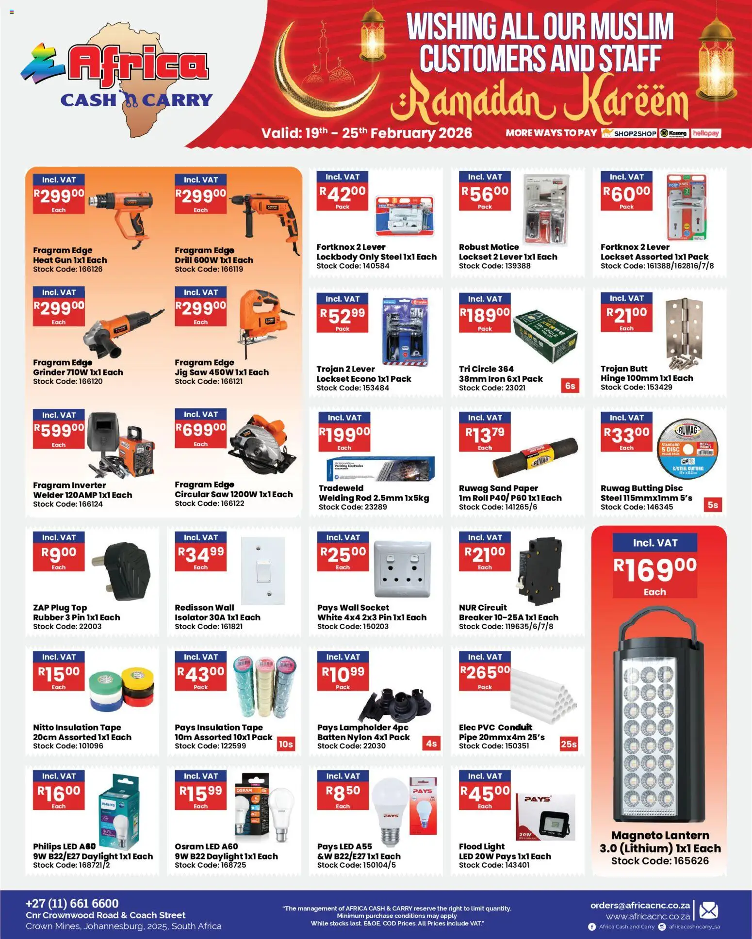 New Africa Cash & Carry catalogue – valid from 19.02.2026 | Page: 25 | Products: Lantern, Iron, Drill, Pipe