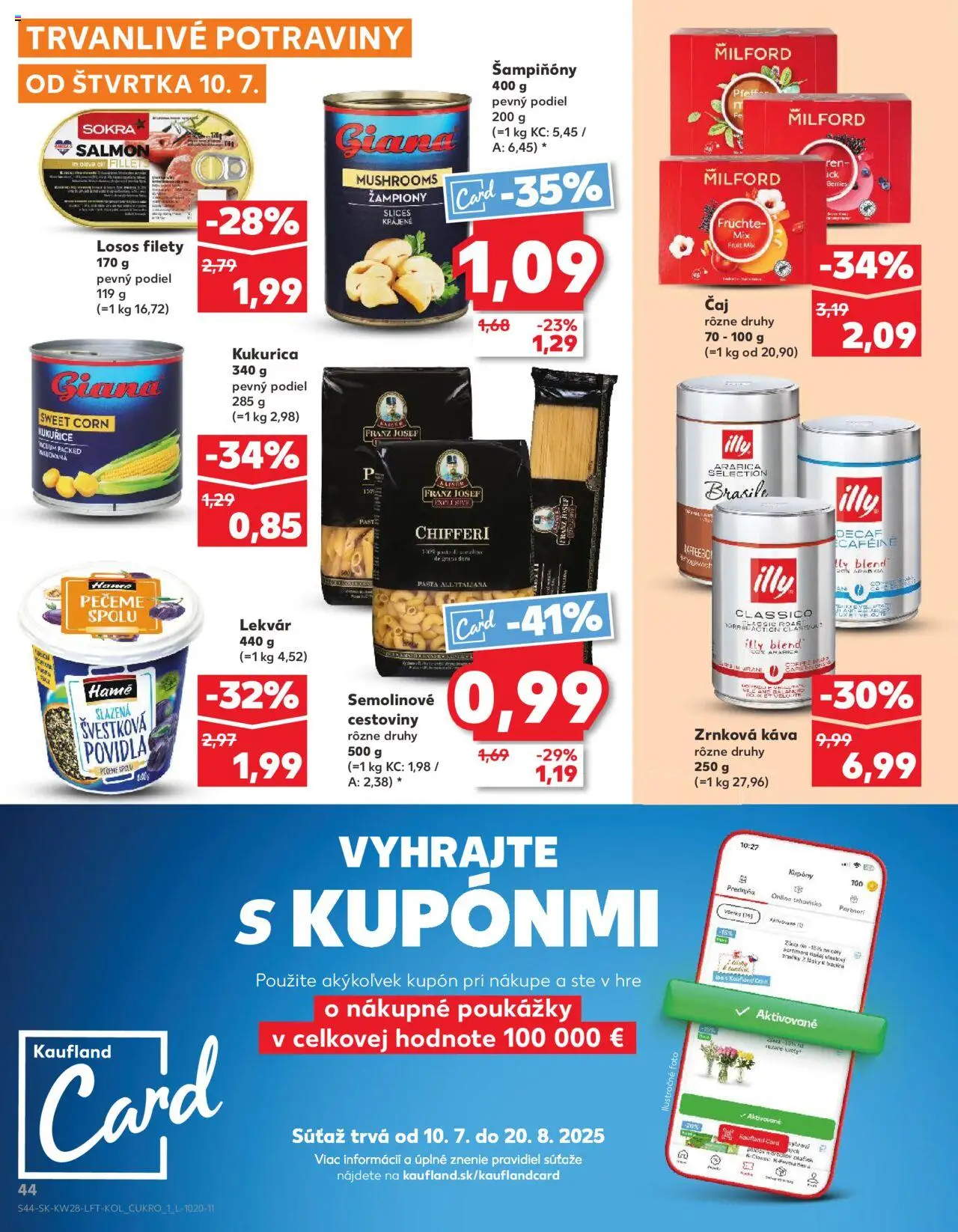 Kaufland Partizánske │ platný od 10.07.2025 | Strana: 44 | Produkty: Káva, Cestoviny, Losos, Kukurica