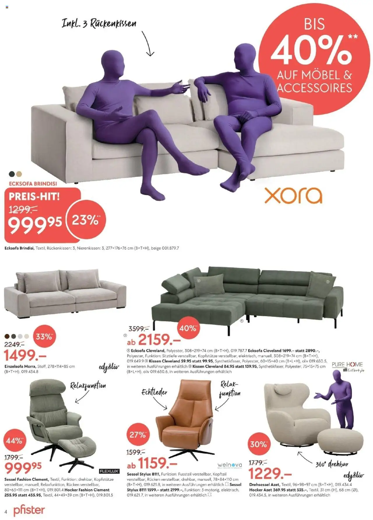 Pfister Aktionen – gültig ab 21.10.2025 | Seite: 4 | Produkte: Hocker, Kissen, Sessel, Ecksofa