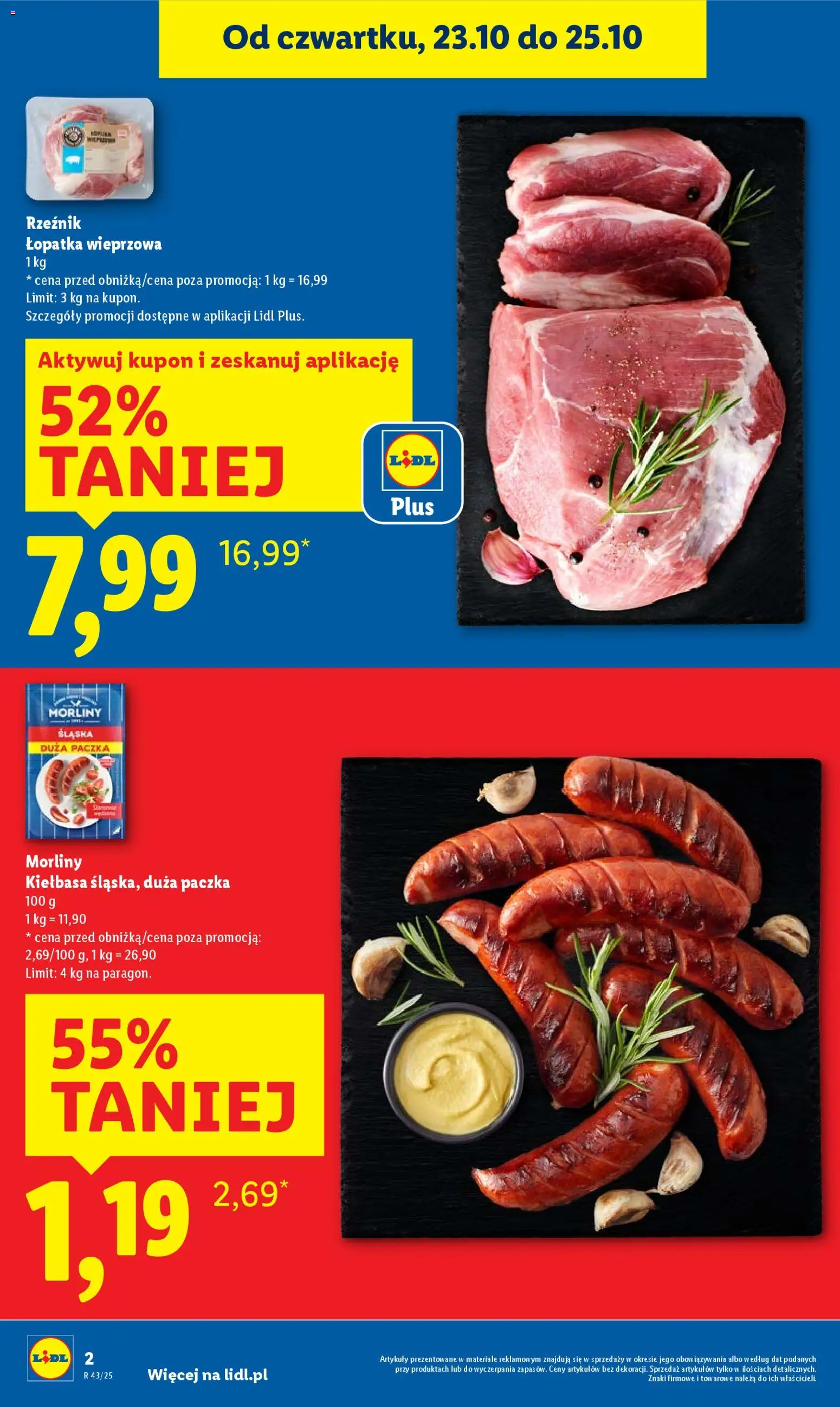 Lidl Gazetka od 23.10.2025 | Strona: 2 | Produkty: Kiełbasa, Łopatka wieprzowa