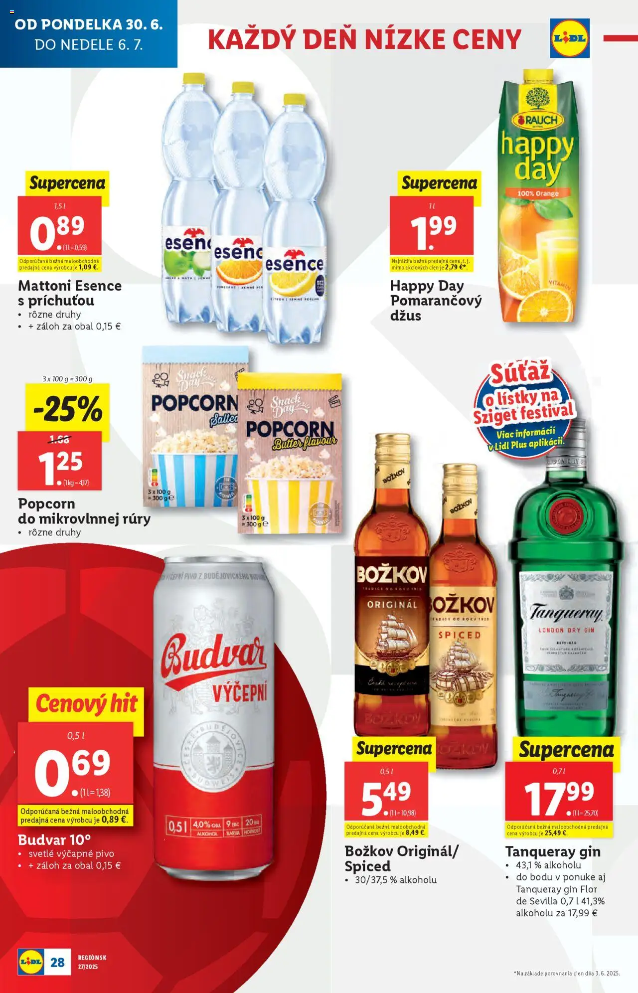 Lidl leták │ platný od 30.06.2025 | Strana: 30 | Produkty: Džús, Božkov, Budvar, Alkohol