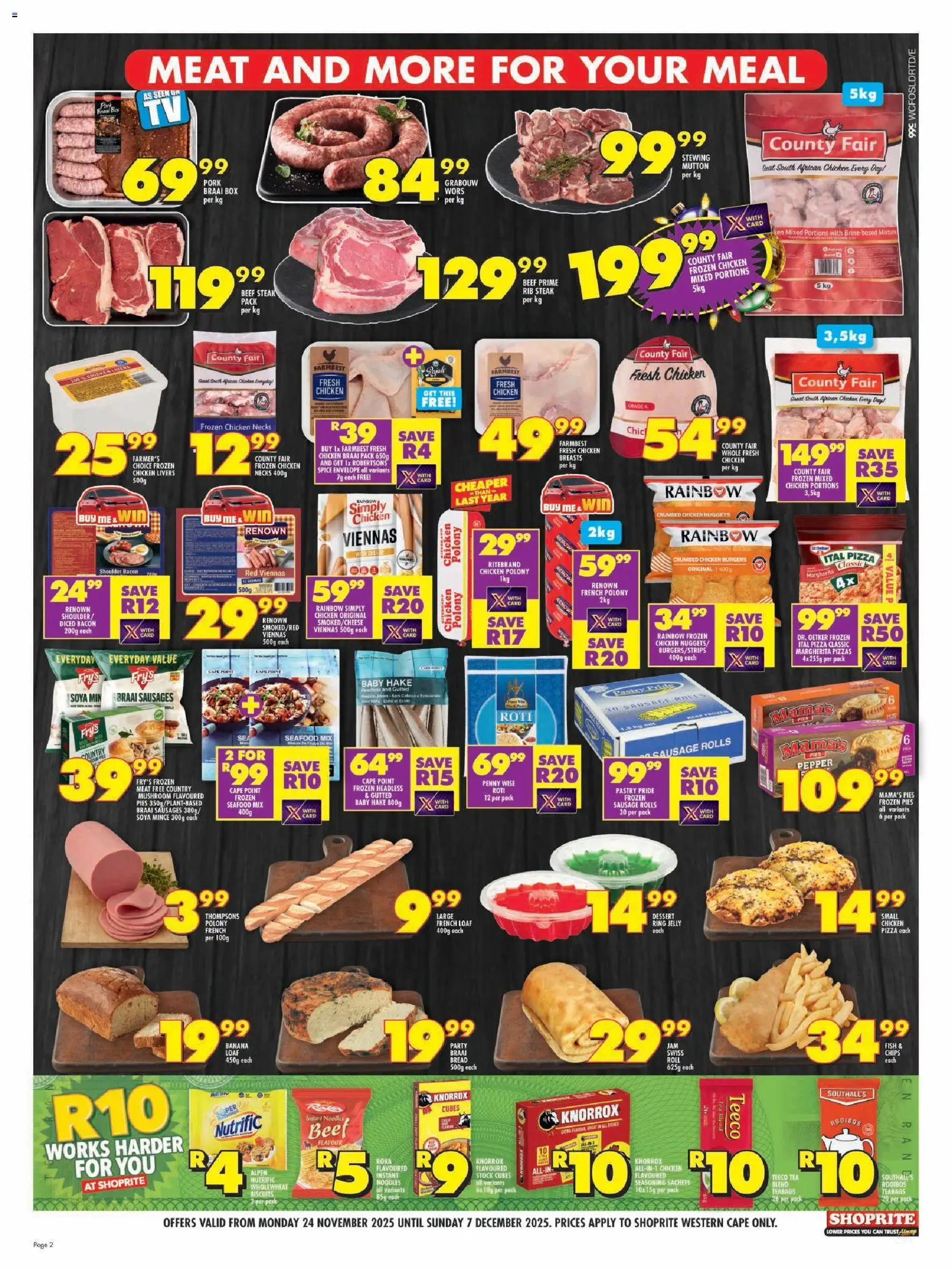 New Shoprite catalogue – valid from 24.11.2025 | Page: 2 | Products: Biscuits, Chicken, Sausage, Bacon