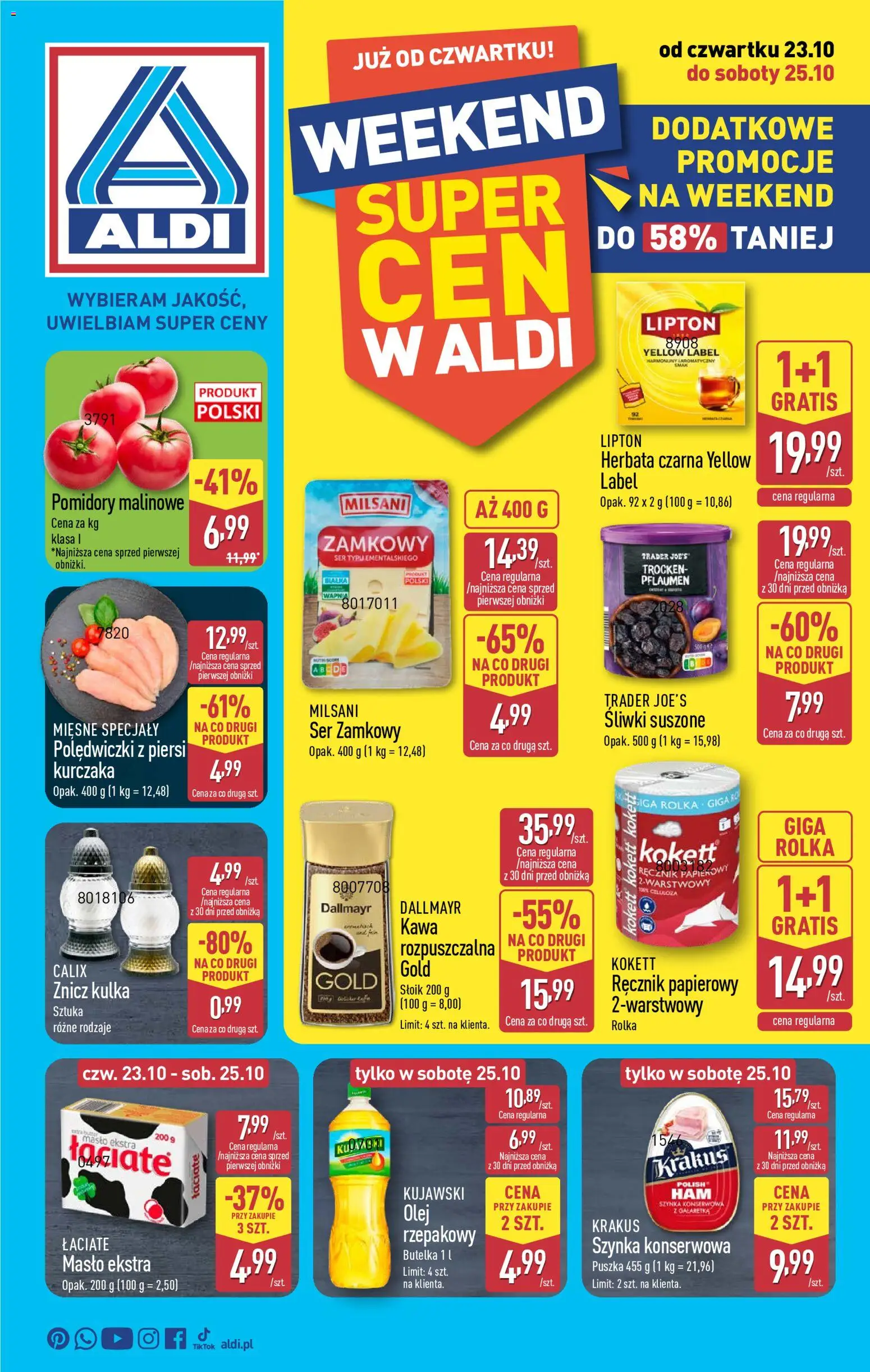 Aldi Gazetka - Okazje na weekend od 23.10.2025 | Strona: 1 | Produkty: Galaretka, Śliwki, Masło, Ser