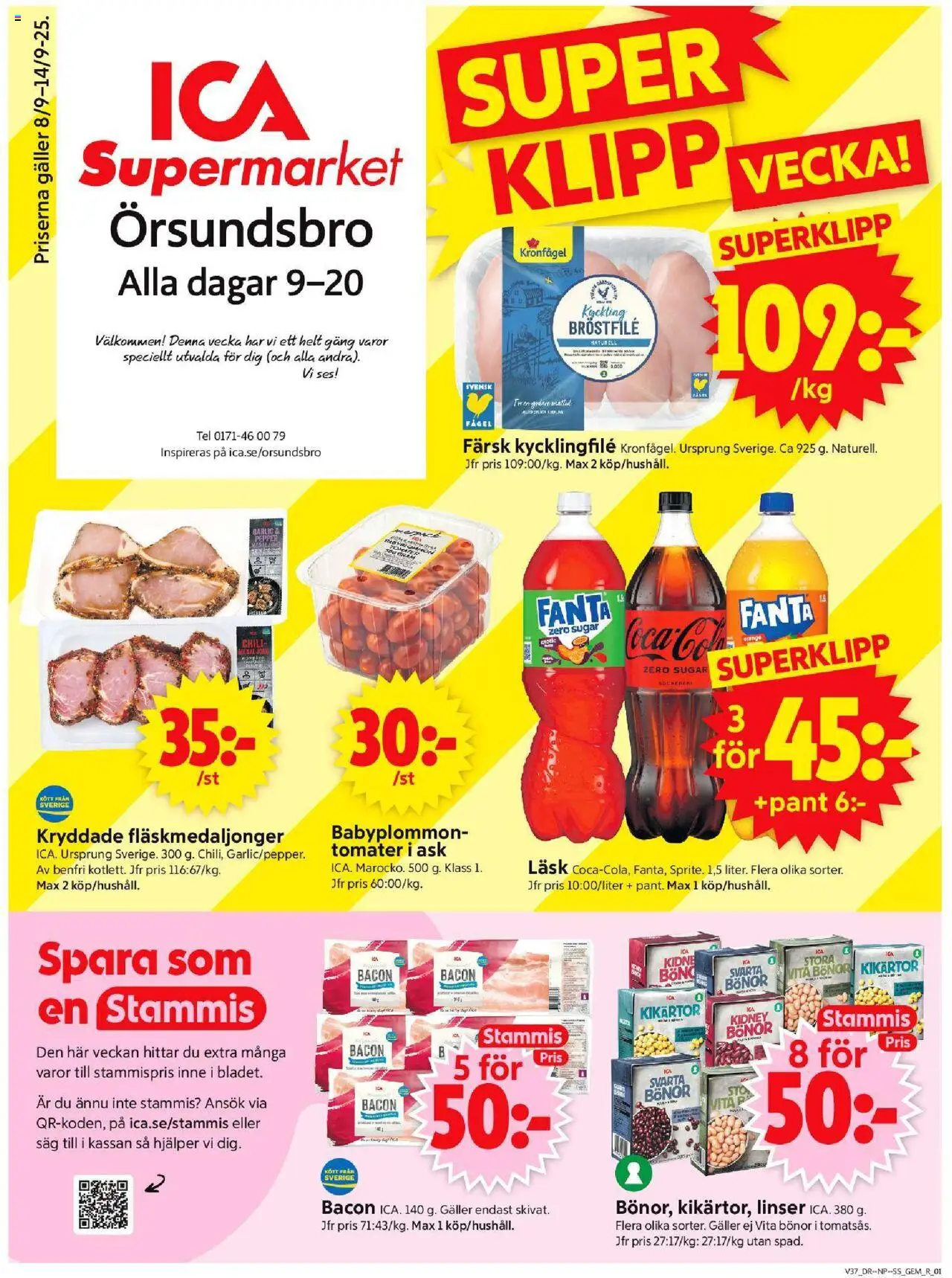 ICA Supermarket reklamblad aktuell från 08.09.2025 | Sida: 1 | Produkter: Såg, Kikärtor, Kycklingfile, Fanta