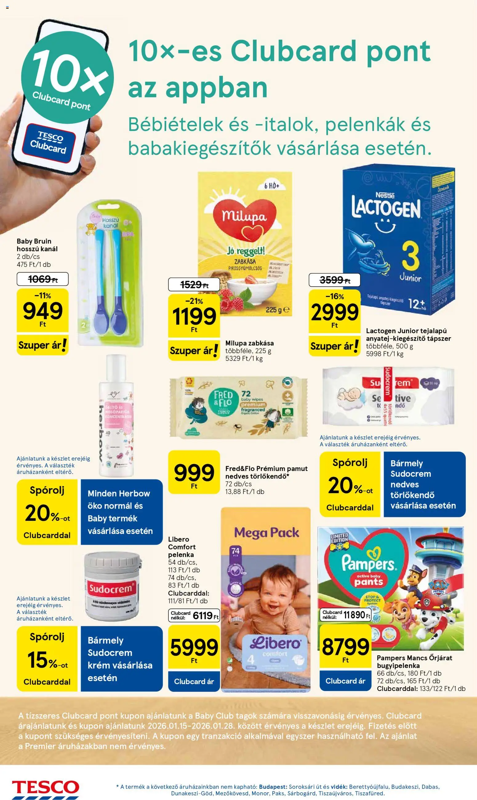 Tesco akciós ujság - amely érvényes a következő dátumtól: 15.01.2026 | Oldal: 14 | Termékek: Pampers, Törlőkendő, Zabkása, Pelenka