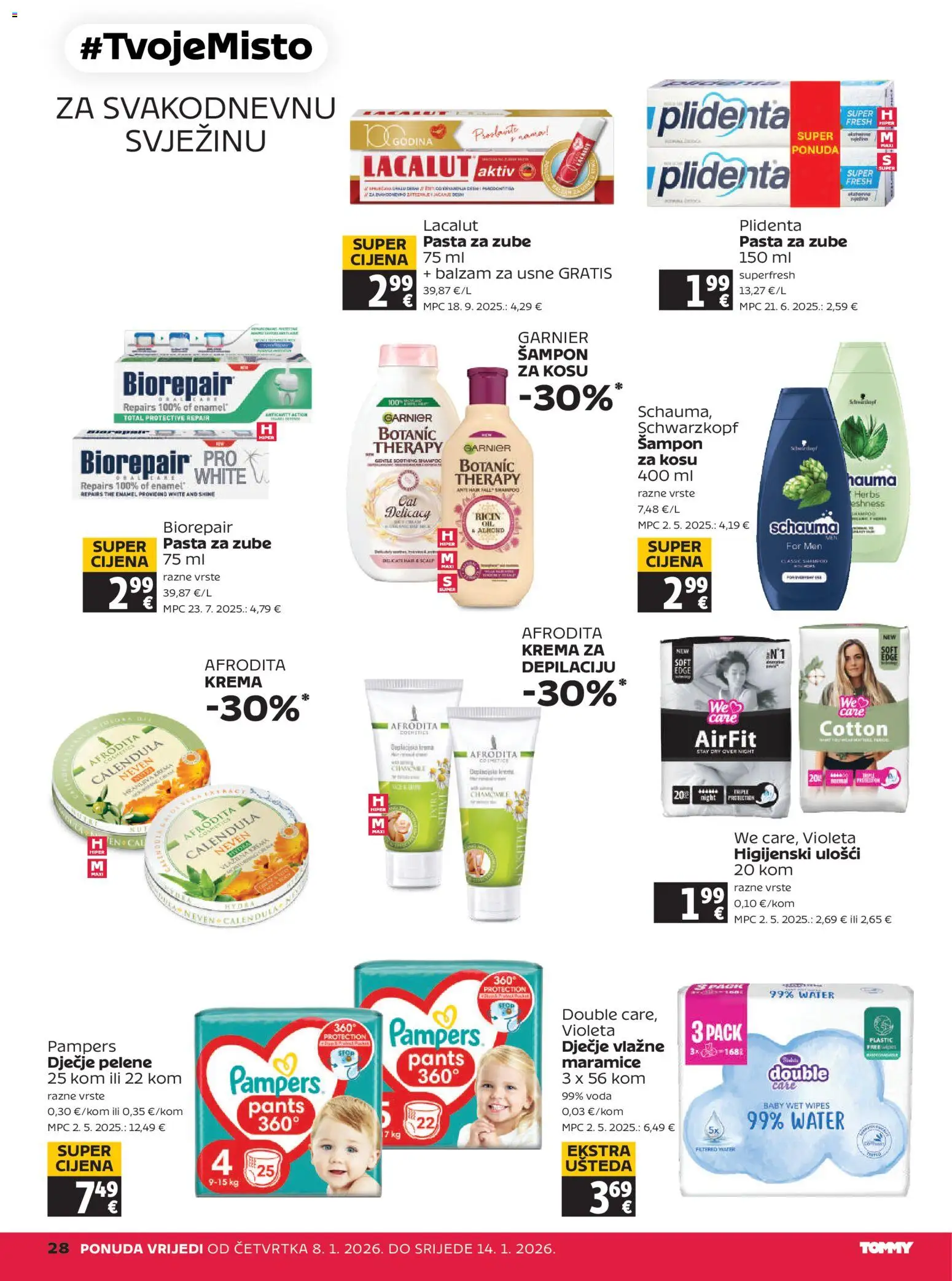 Tommy katalog | vrijedi od 08.01.2026 | Stranica: 28 | Proizvodi: Pelene, Šampon, Pasta za zube, Voda
