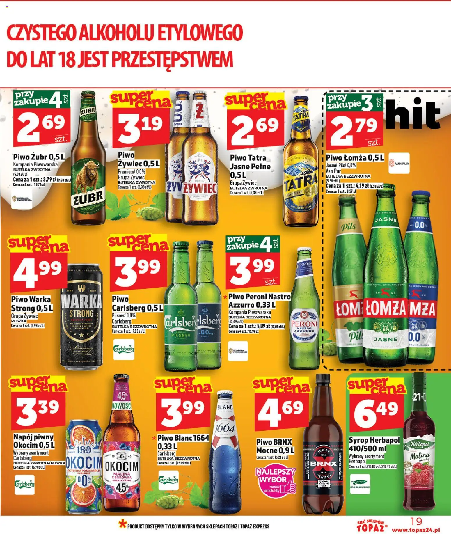 Topaz gazetka - MAZ od 09.04.2026 | Strona: 19 | Produkty: Syrop, Warka, Piwo Warka, Piwo