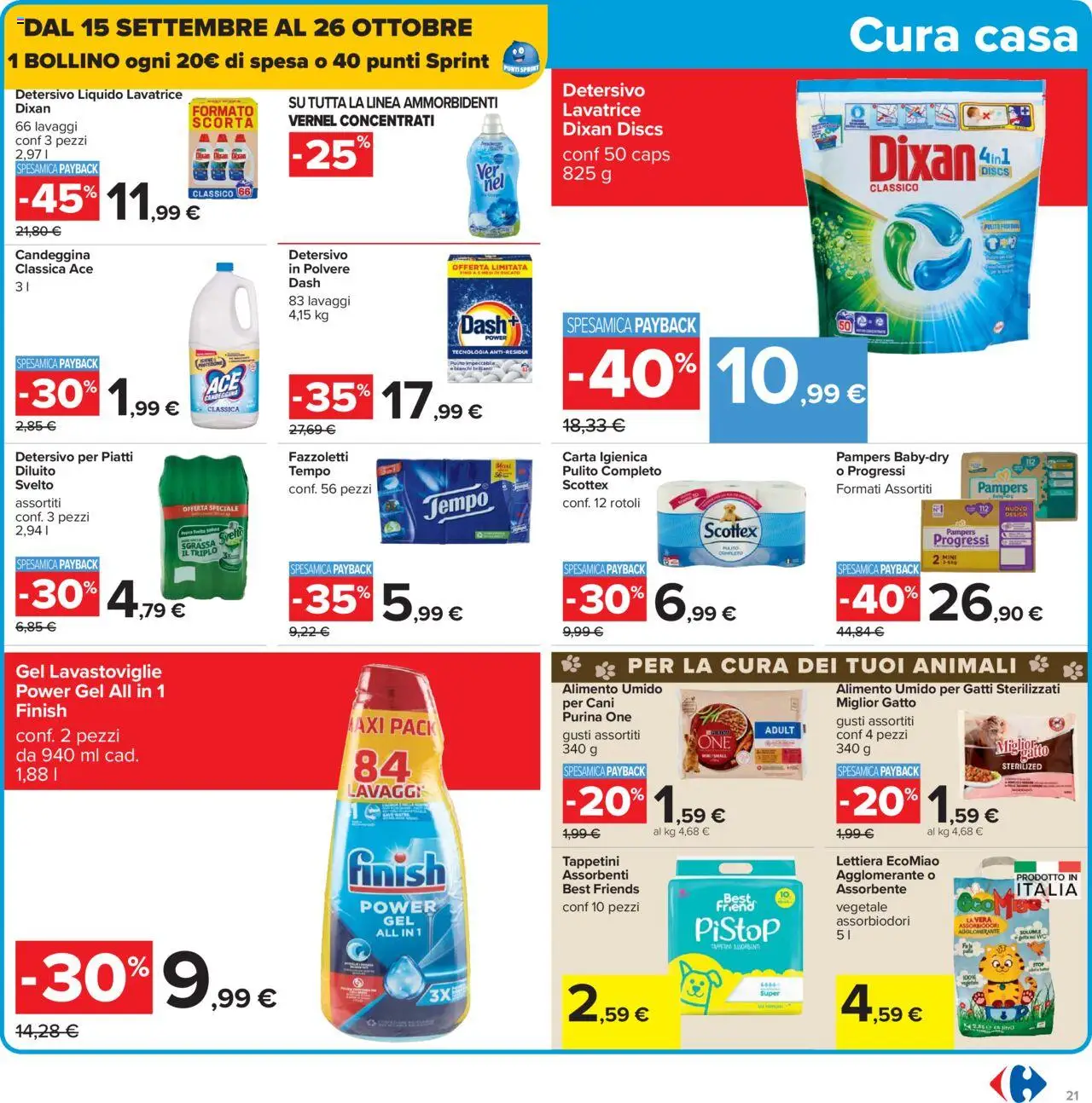 Volantino Carrefour del 15.09.2025 | Pagina: 21 | Prodotti: Candeggina, Lavatrice, Lavastoviglie, Pampers