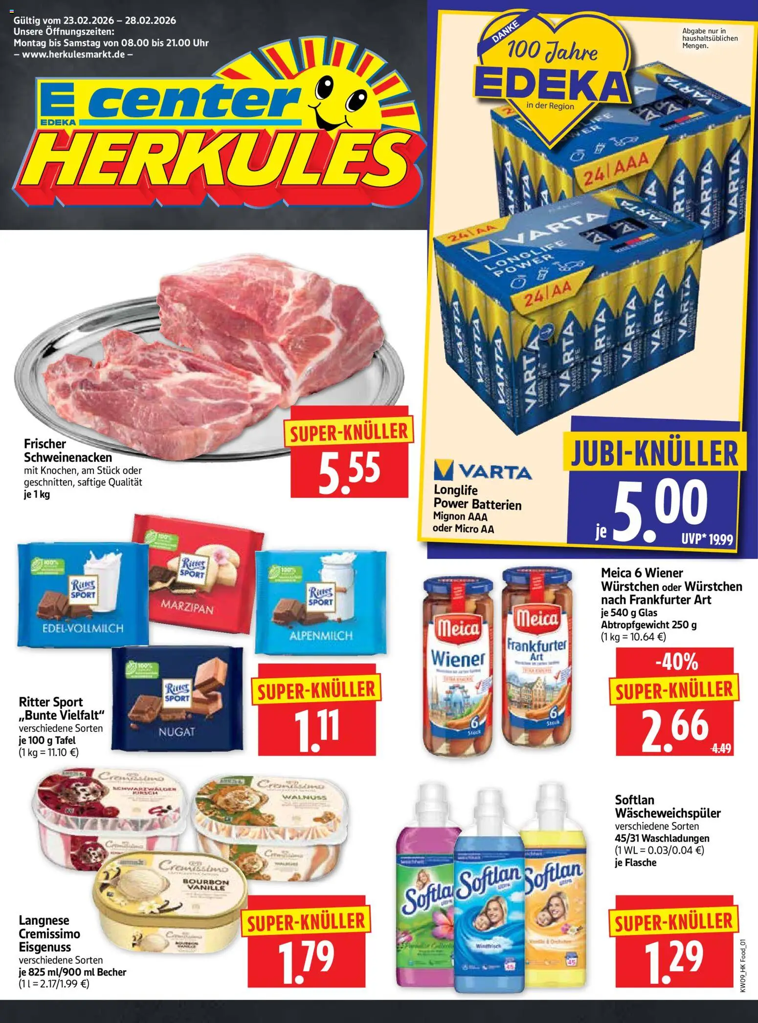 HERKULES Prospekt 	 – gültig ab 23.02.2026 | Seite: 1 | Produkte: Langnese, Cremissimo, Batterien, Schweinenacken