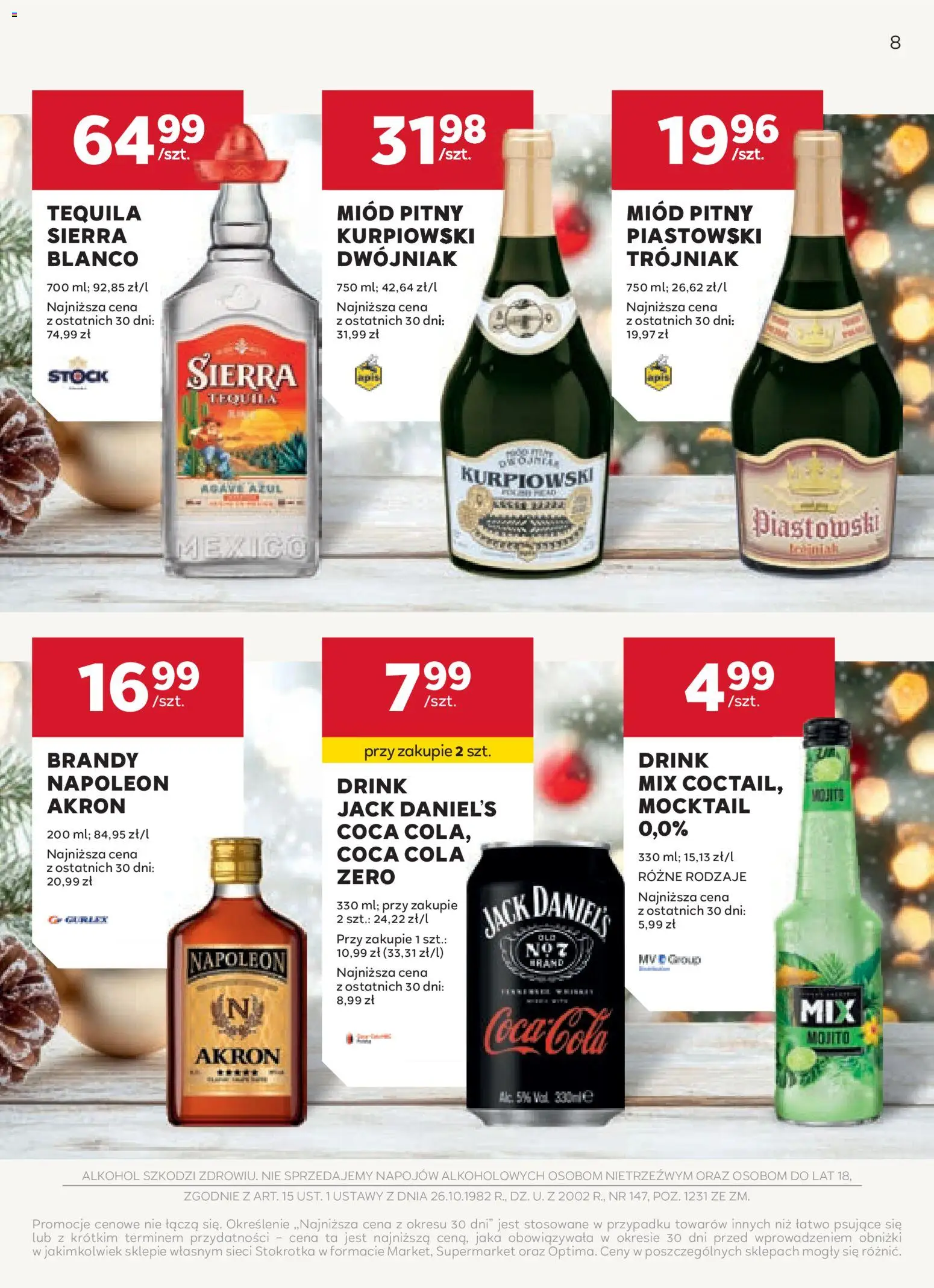 Stokrotka Gazetka - Oferta alkoholowa od 04.12.2025 | Strona: 8 | Produkty: Stokrotka, Coca cola, Miód pitny, Tequila