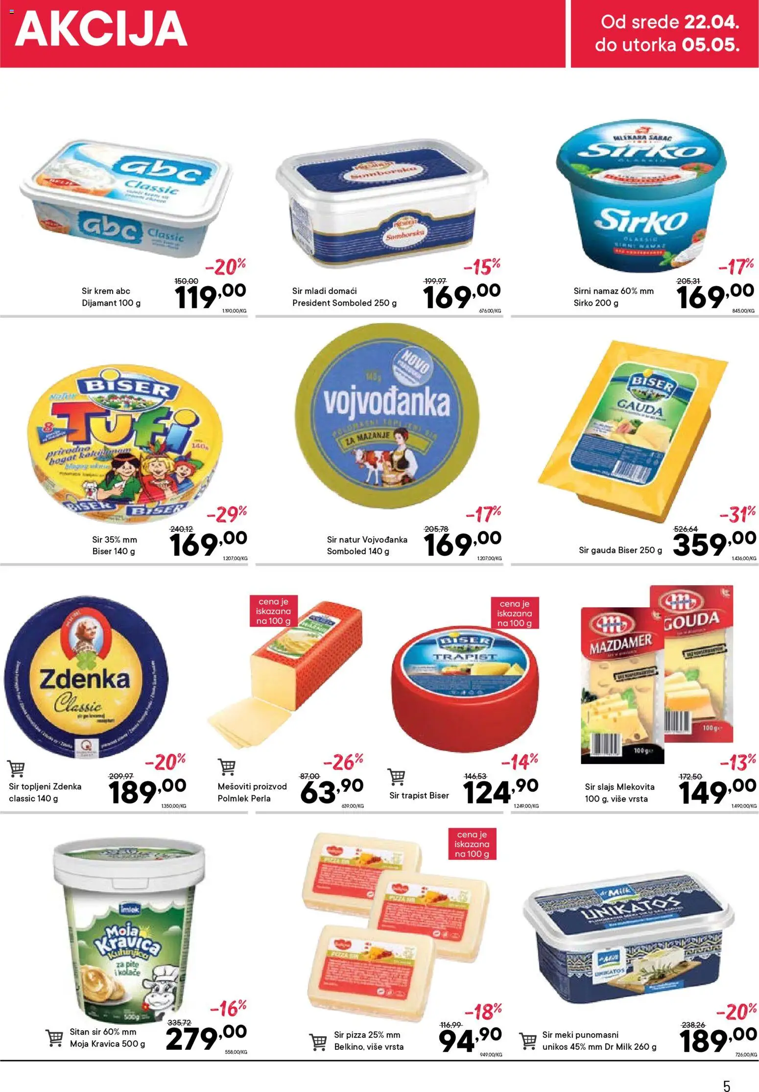 PerSu katalog - važi od 22.04.2026 | Strana: 5 | Proizvode: Sitan sir, Moja kravica, Gouda, Sir