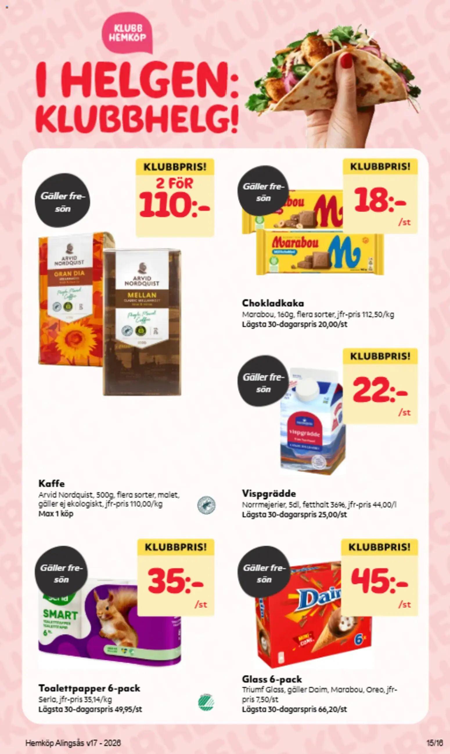 Hemköp reklamblad aktuell från 20.04.2026 | Sida: 10 | Produkter: Chokladkaka, Toalettpapper, Kaffe, Vispgrädde