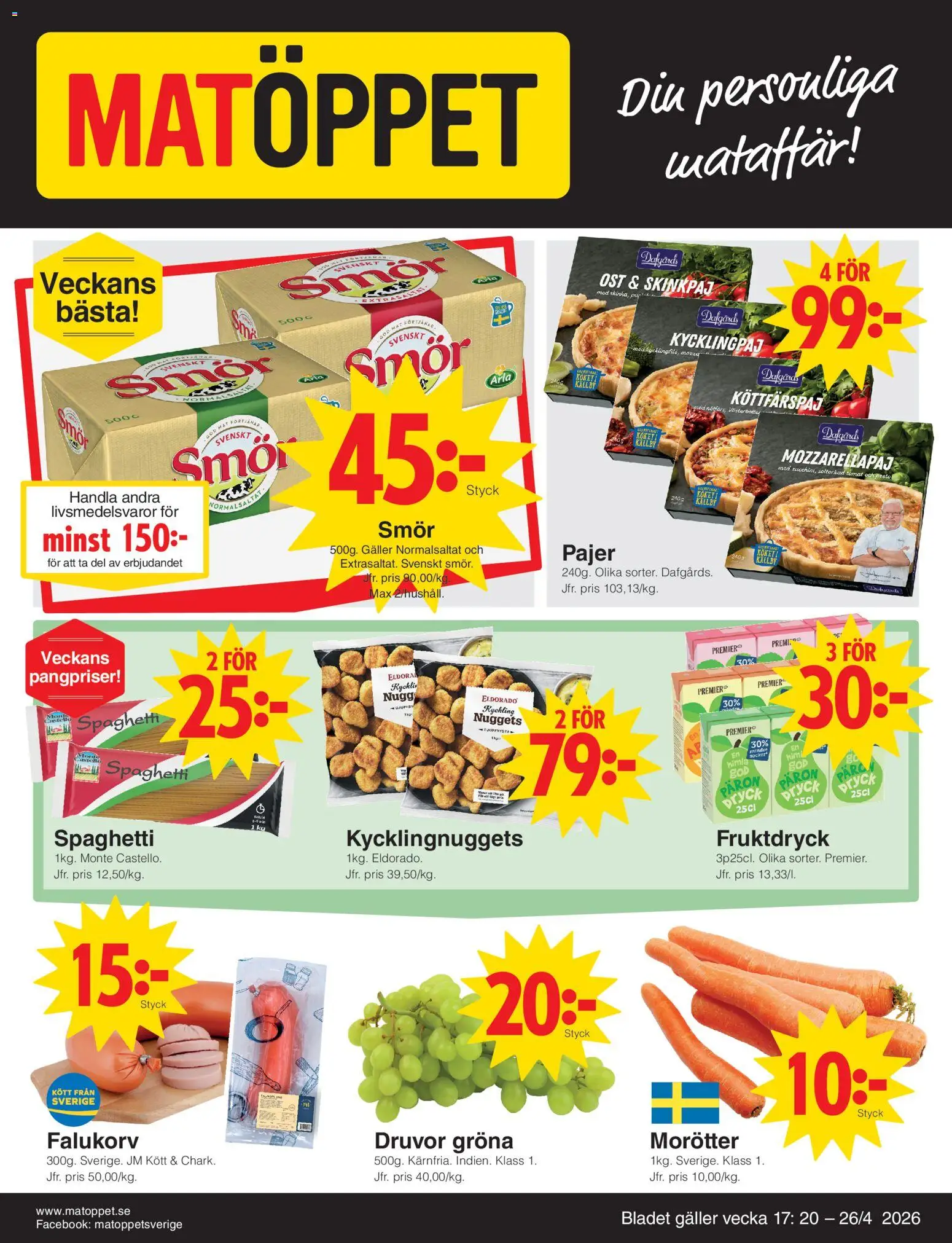 Matöppet reklamblad aktuell från 20.04.2026 | Sida: 1 | Produkter: Lax, Ost, Spaghetti, Pesto