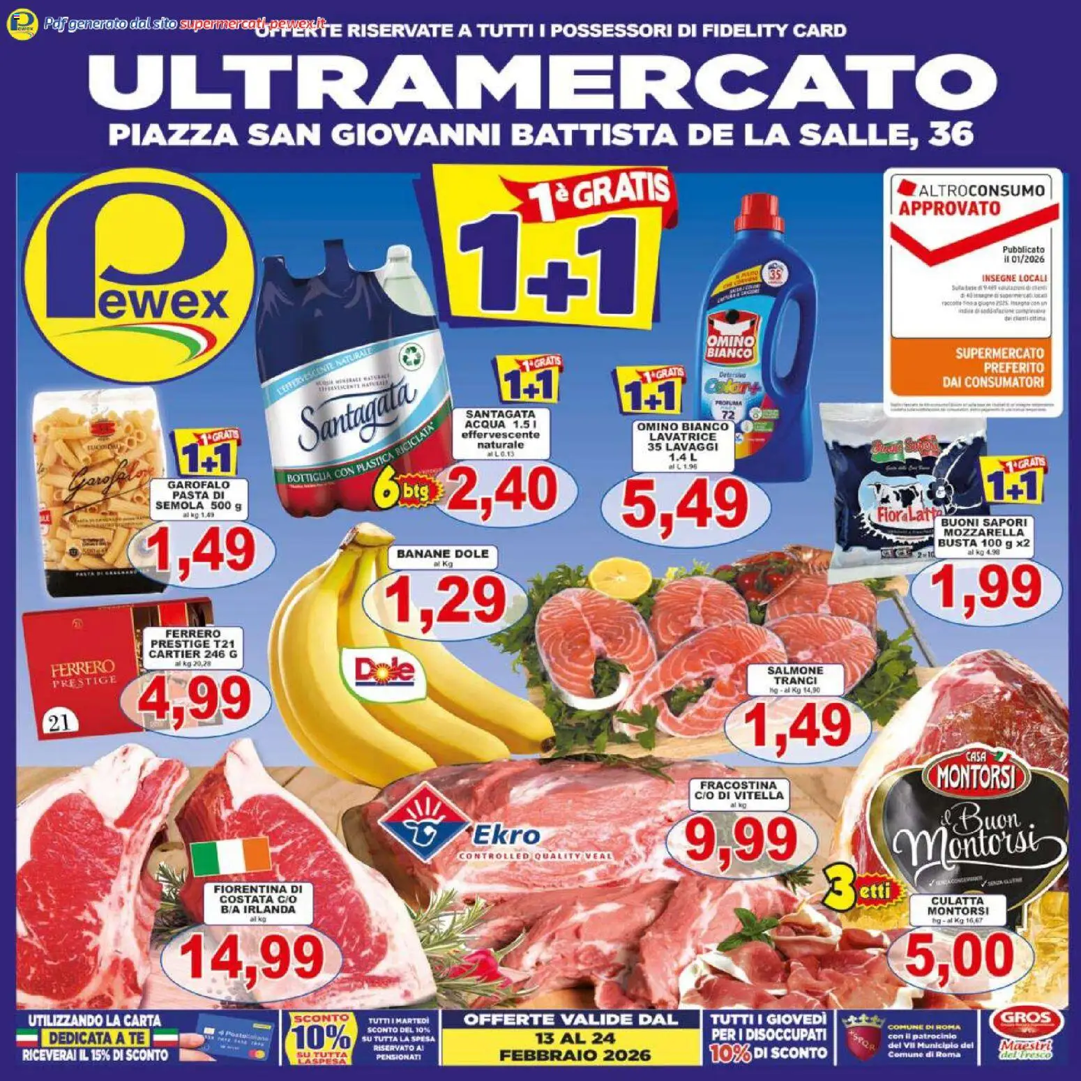 Volantino Pewex del 13.02.2026 | Pagina: 1 | Prodotti: Banane, Tè, Mozzarella, Lavatrice