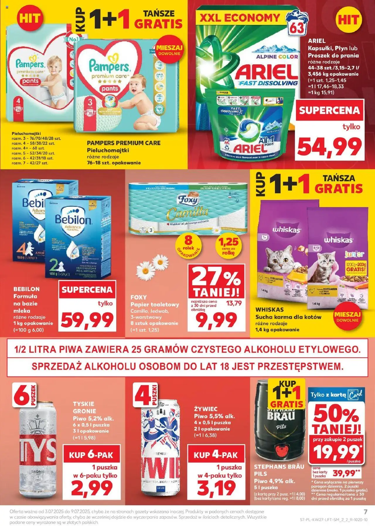 Kaufland gazetka od 03.07.2025 | Strona: 7 | Produkty: Karta, Papier toaletowy, Ariel, Tyskie