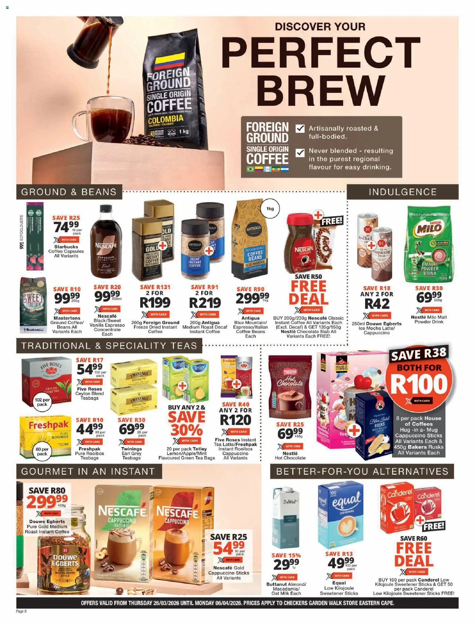 New Checkers catalogue – valid from 26.03.2026 | Page: 8 | Products: Sweetener, Biscuits, Mug, Tea