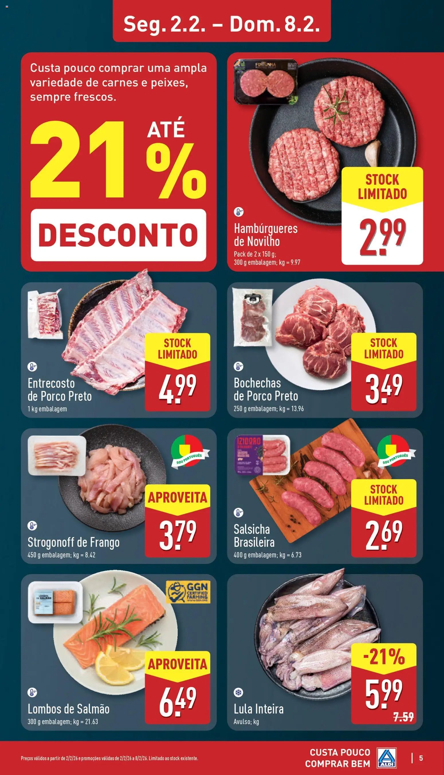 Aldi folheto │ válido de 02.02.2026 | Página: 5 | Produtos: Frango, Salmão, Salsicha