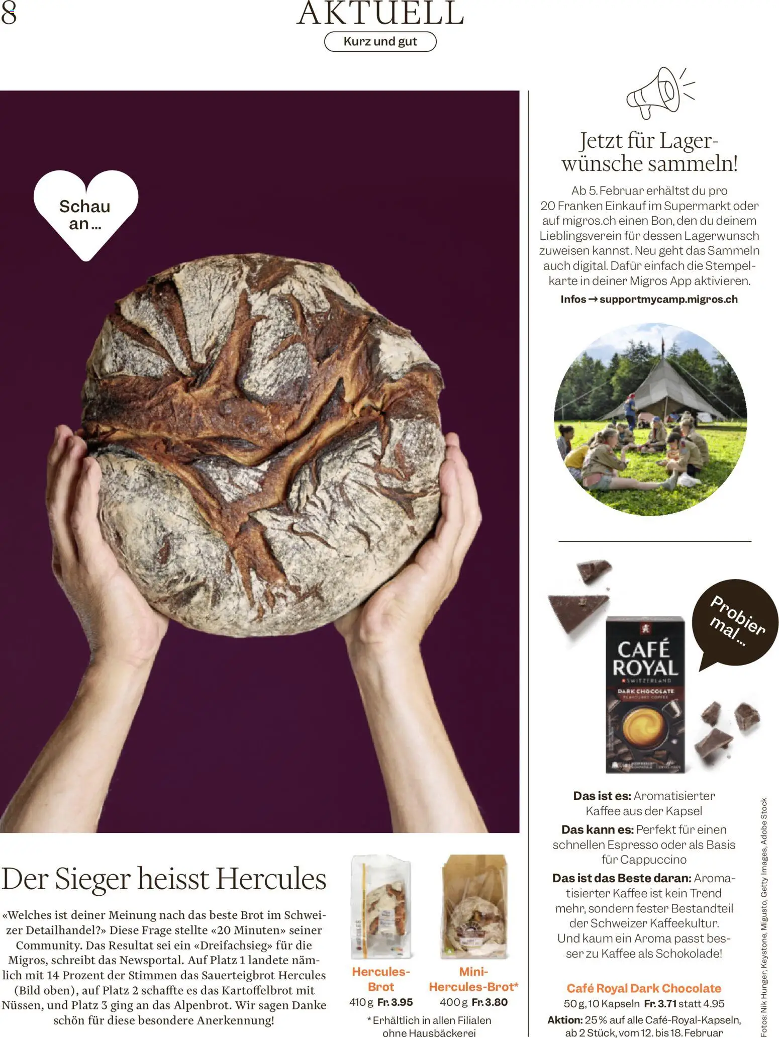 Migros Magazin – gültig ab 11.02.2026 | Seite: 8 | Produkte: Brot, Kaffee, Schokolade